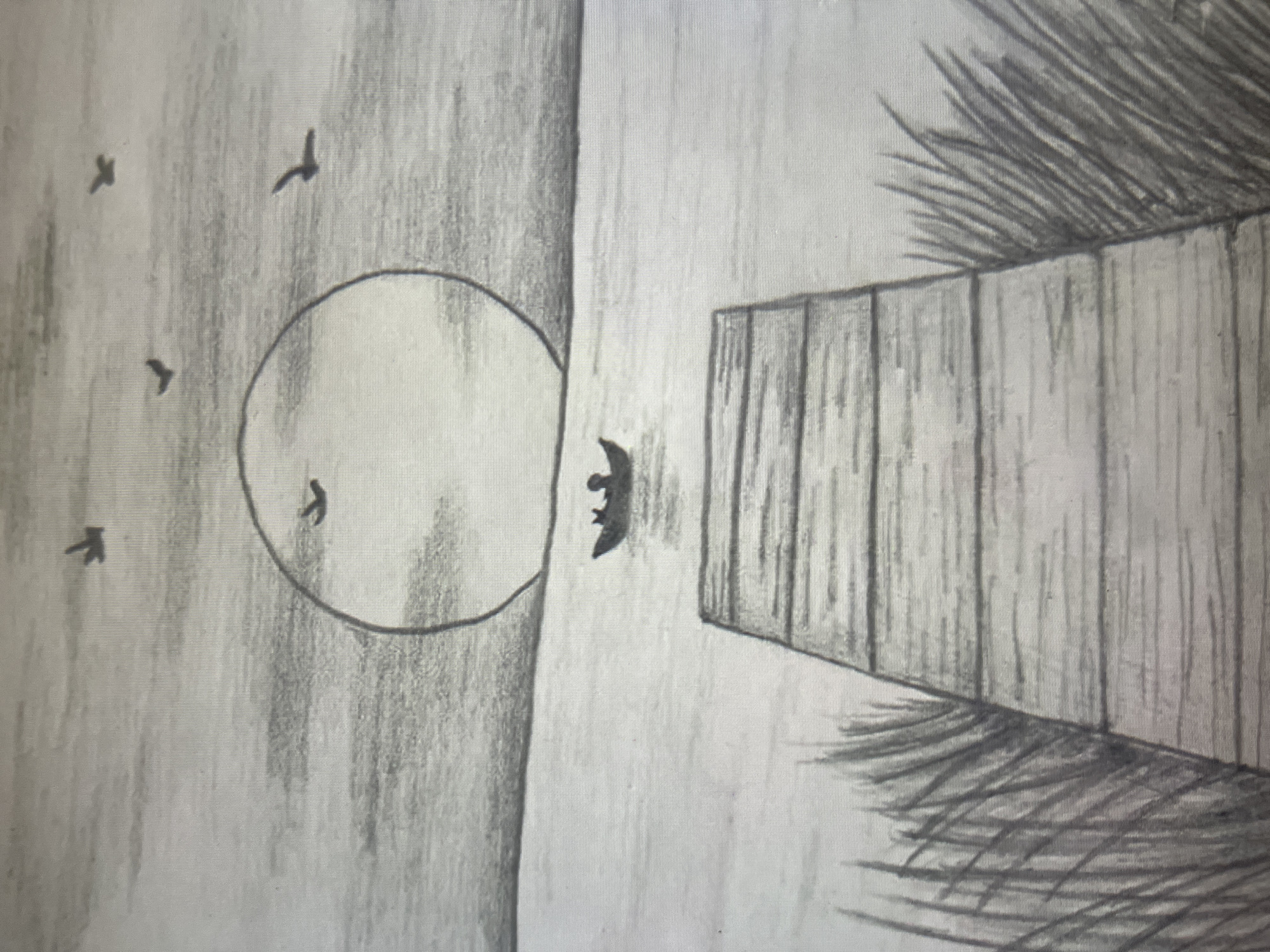 The image is a pencil sketch of a serene landscape. In the foreground, a wooden dock extends into a body of water. Tall grass or reeds are depicted on either side of the dock. In the middle ground, a small boat is on the water, with two silhouetted figures inside. A large, faint circle, representing the sun or moon, is visible in the background, partially obscured by clouds. Several silhouetted birds are flying in the sky. The sketch is done in grayscale with varying degrees of shading to create depth and texture. There is no discernible location in the city of Qarağandı city administration, Kazakhstan.