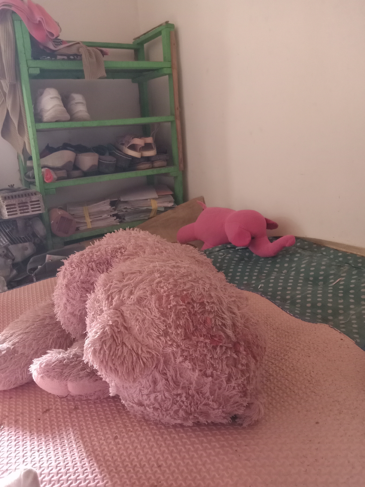 A large, fluffy pink teddy bear is lying on its side on a pink textured mat. To the right of the teddy bear, a small pink stuffed animal is lying on a green and white polka dot blanket. In the background, there is a green shelf unit with various items on it, including shoes and stacked papers. A light-colored wall is visible behind the shelf unit. The scene appears to be indoors, possibly a bedroom or play area. The location of Pacing, Indonesia, is not discernible from the image itself.
