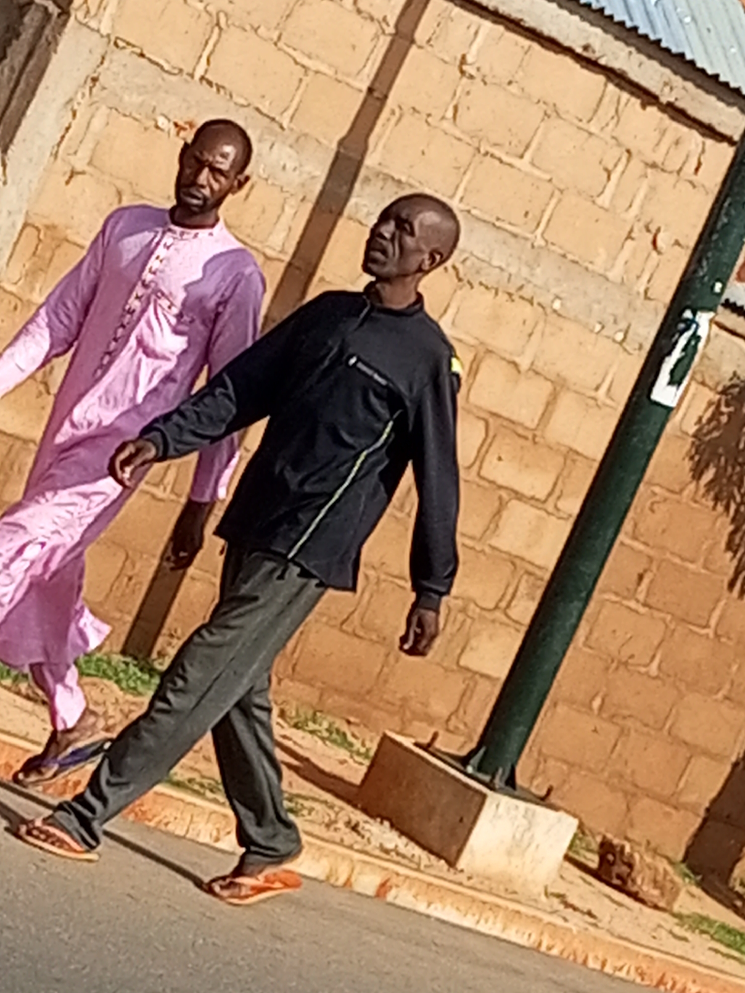 In Tempure, Nigeria, two men are walking on a paved surface in front of a tan brick wall. The man on the left wears a pink, long-sleeved garment with intricate embroidery around the neckline and down the front. The man on the right is dressed in a black long-sleeved shirt with a lime green stripe accent and dark gray pants. Both men are wearing flip-flops. A dark green pole with a white label is visible to the right of the men, mounted on a concrete base. The scene is illuminated by bright sunlight, casting shadows on the wall and ground.