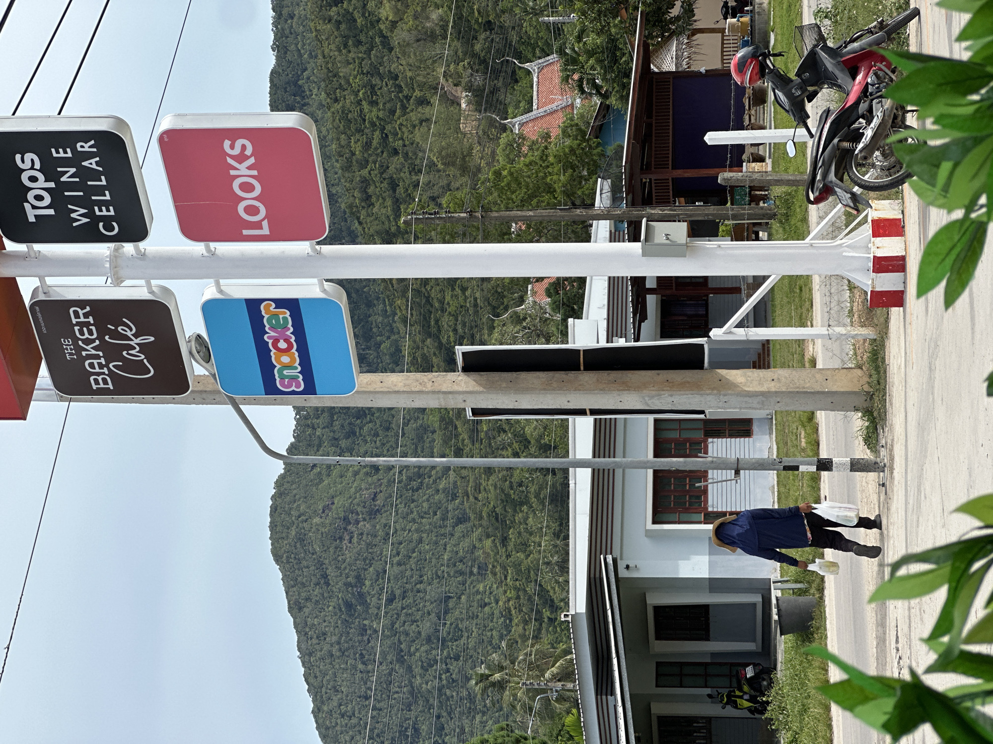 A person wearing a blue jacket and a straw hat with a face covering walks along a paved road in front of a low-rise building with light blue walls and wooden-framed windows. The person carries two white plastic bags, one in each hand. Behind the building, a dense, tree-covered mountainside is visible. In the foreground, a white utility pole displays several signs for businesses: "THE BAKER Café", "snacker", "Tops WINE CELLAR", and "LOOKS". A red and black motorcycle is parked to the right of the utility pole, with a red helmet resting on the handlebars. Green foliage partially obscures the bottom of the image. The scene appears to be outdoors on a bright, overcast day.