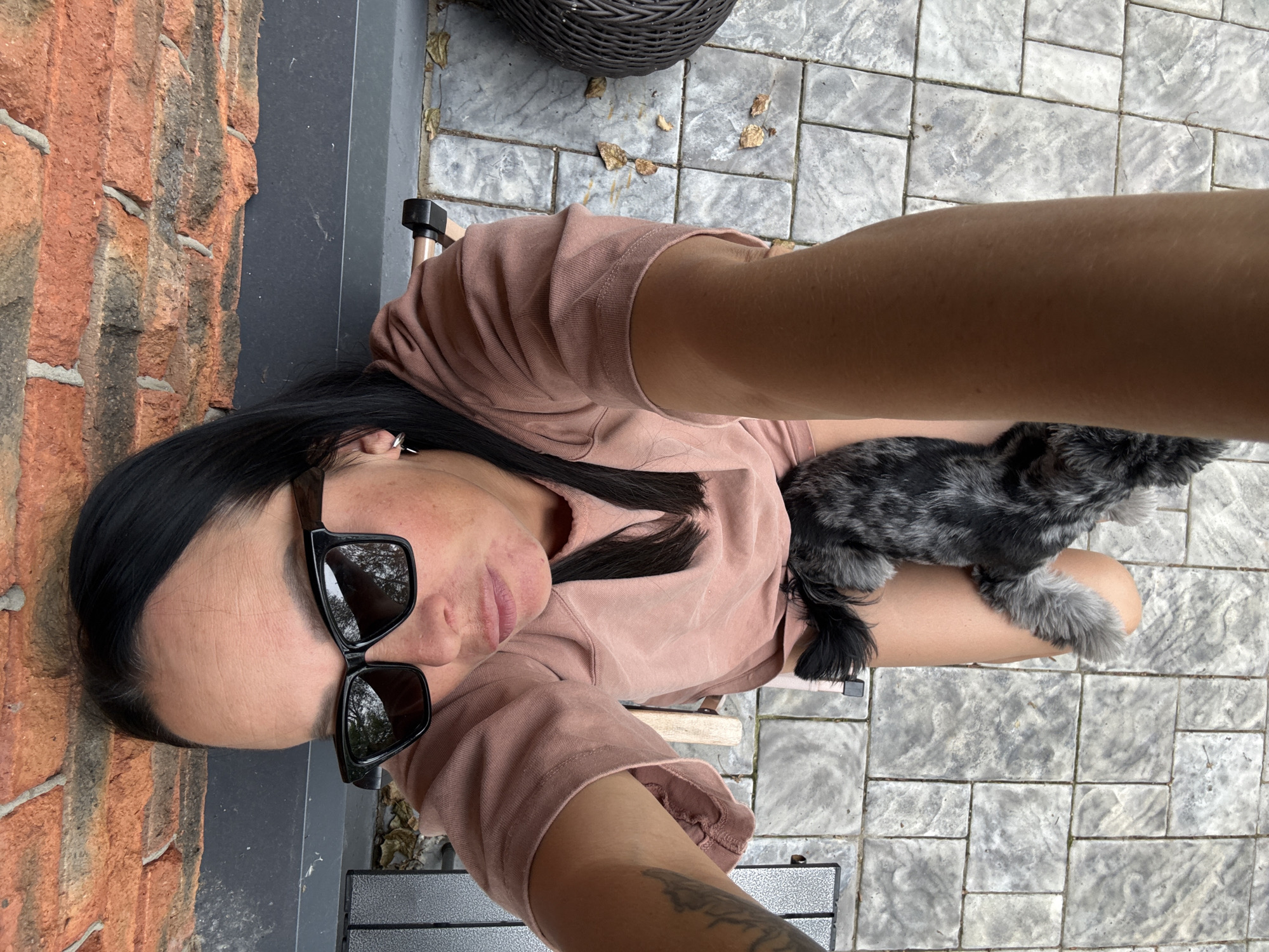 The image shows a person with dark hair and sunglasses wearing a pink hoodie. The person is holding a small, grey and black fluffy dog on their lap. They are sitting outdoors on a patio with grey stone tiles. To the left of the person is a red brick wall. The image is taken from a high angle, looking down at the person and dog. There are fallen leaves scattered on the ground. The person's right arm is visible, and it appears they are holding a phone to take a selfie. The context of Chaikovsky, Russia, is not determinable from the image.