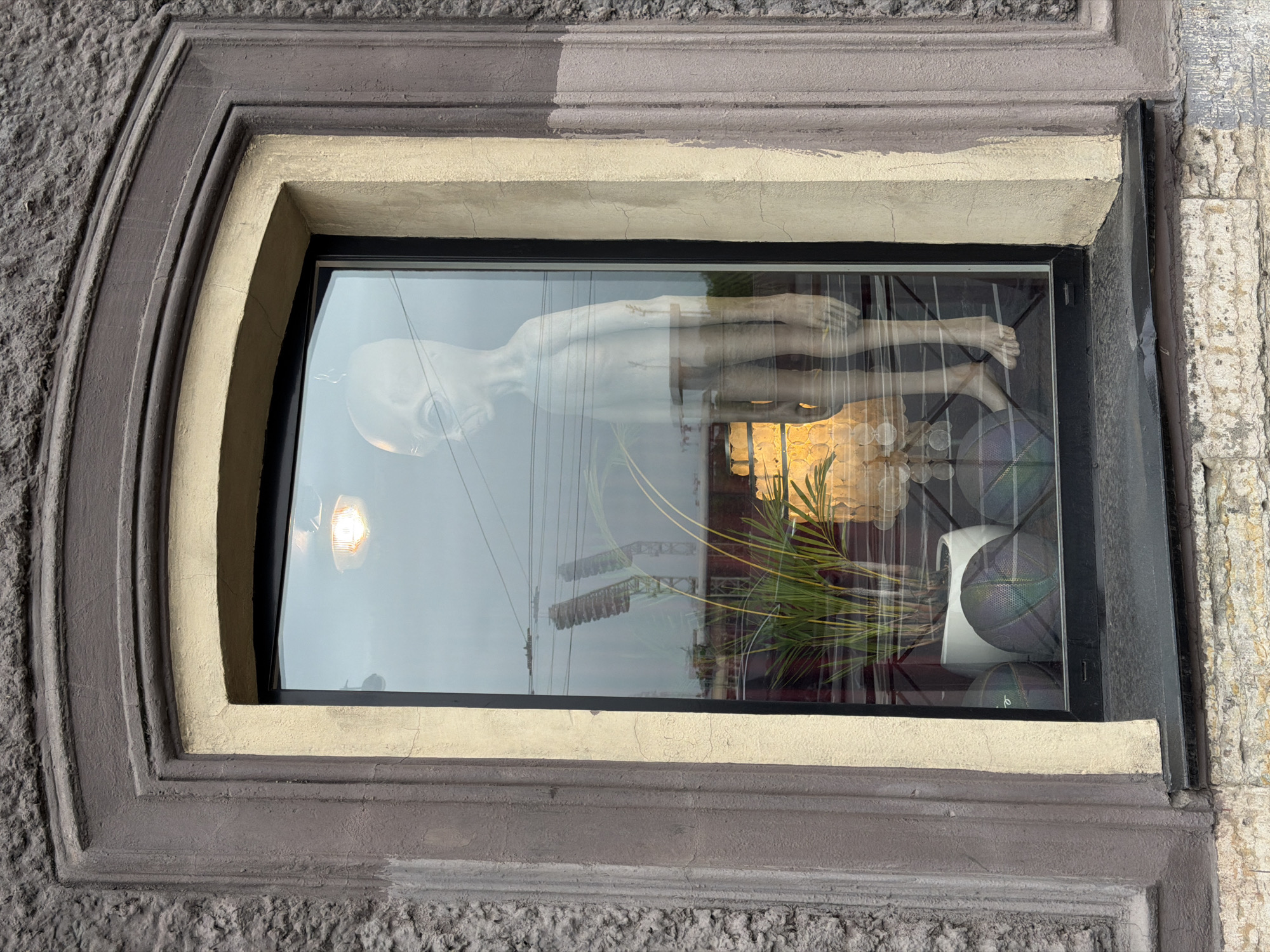 The image shows an alien mannequin in a window display. The window is rectangular with a dark frame and is set into a wall with a rough, textured surface painted in shades of gray. The window frame itself has a decorative, multi-layered design in varying shades of gray and beige. Inside the window, the mannequin lies horizontally with its head to the left. The mannequin is pale and features a large head with dark, oval eyes. In the background, there's a plant, some round objects that might be patterned balls, and other obscured items. The scene is a storefront window, with the contents displayed for passersby to see. The mannequin has been identified as being a part of the "Weird Things" store on Bolshaya Konyushennaya street in Saint Petersburg, Russia. The reflections in the window make it difficult to clearly discern the exact details of the interior.