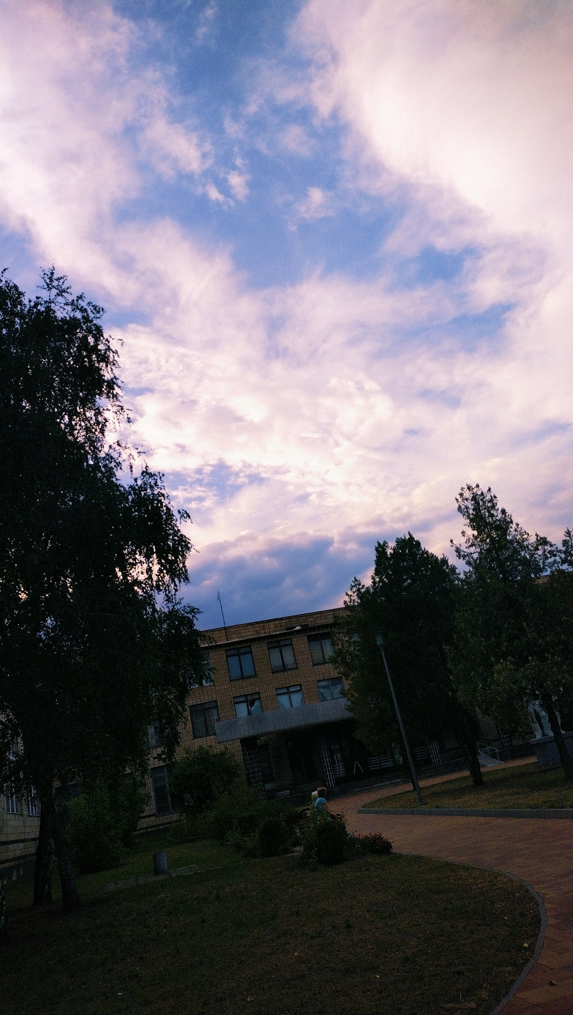 This image depicts a view of a building in Horishni Plavni, Ukraine, under a sky filled with clouds tinted pink and purple by the setting sun. The building, likely an educational or administrative institution given its size and numerous windows, is constructed from light-colored brick. In the foreground, a grassy lawn slopes downwards towards a paved pathway. Several trees with dark green foliage frame the scene, with a large tree dominating the left side of the frame. The lighting suggests it is late afternoon or early evening. Two figures, possibly children, are visible near the entrance of the building, engaged in an unspecified activity. The overall impression is a tranquil, urban landscape at dusk.
