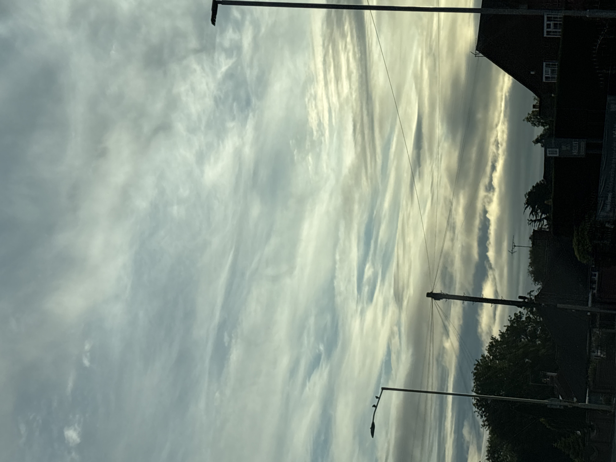 The image shows a street scene in South Staffordshire, United Kingdom, under a cloudy sky. The sky is filled with a variety of clouds, ranging from wispy cirrus to more dense stratus formations. There are two streetlights visible, one on the left and one on the right side of the frame. The streetlight on the left has three birds perched on its arm. Below the sky, there are houses and trees, with some power lines crisscrossing the scene. The overall impression is that of an overcast day, possibly late afternoon or early morning, given the quality of light.