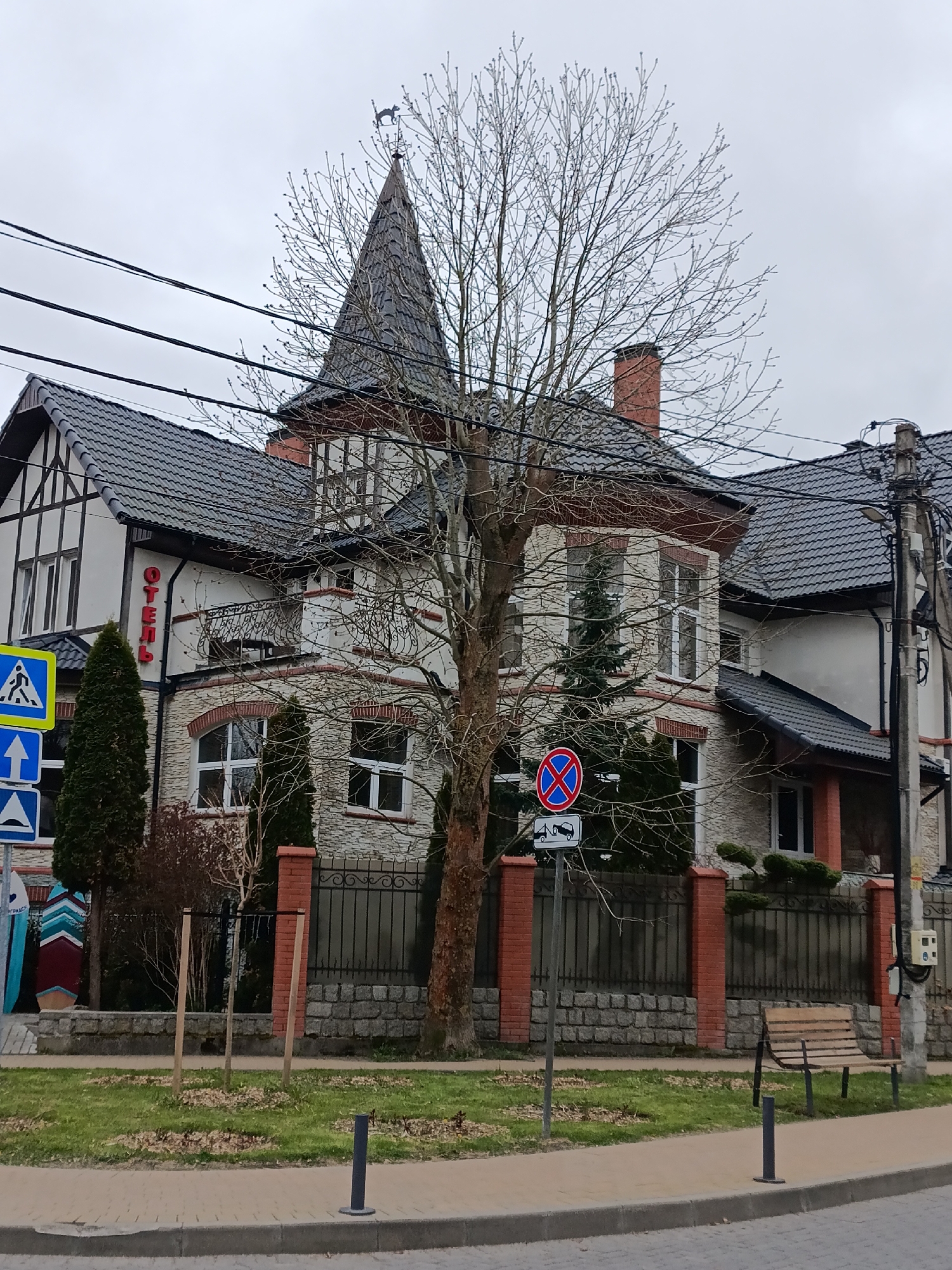 The image depicts a view of a building identified by a vertical sign in Russian as "OTEЛЬ" (Hotel). The building has a complex architectural style, with a mix of light-colored stone, dark roofing tiles, and half-timbered elements. A prominent, sharply-pointed turret with a weather vane stands on the left side of the building.
A bare tree stands in front of the building, partially obscuring the facade. The area in front of the hotel has a small patch of grass, a metal fence with brick pillars, and a sidewalk. There is a "No Stopping" traffic sign with a tow-away symbol beside the sidewalk. There are also some street signs of pedestrians on the left. A bench sits near a utility pole on the right side. Overhead power lines are visible against the overcast sky.
The location is Zelenogradsk, Russia.