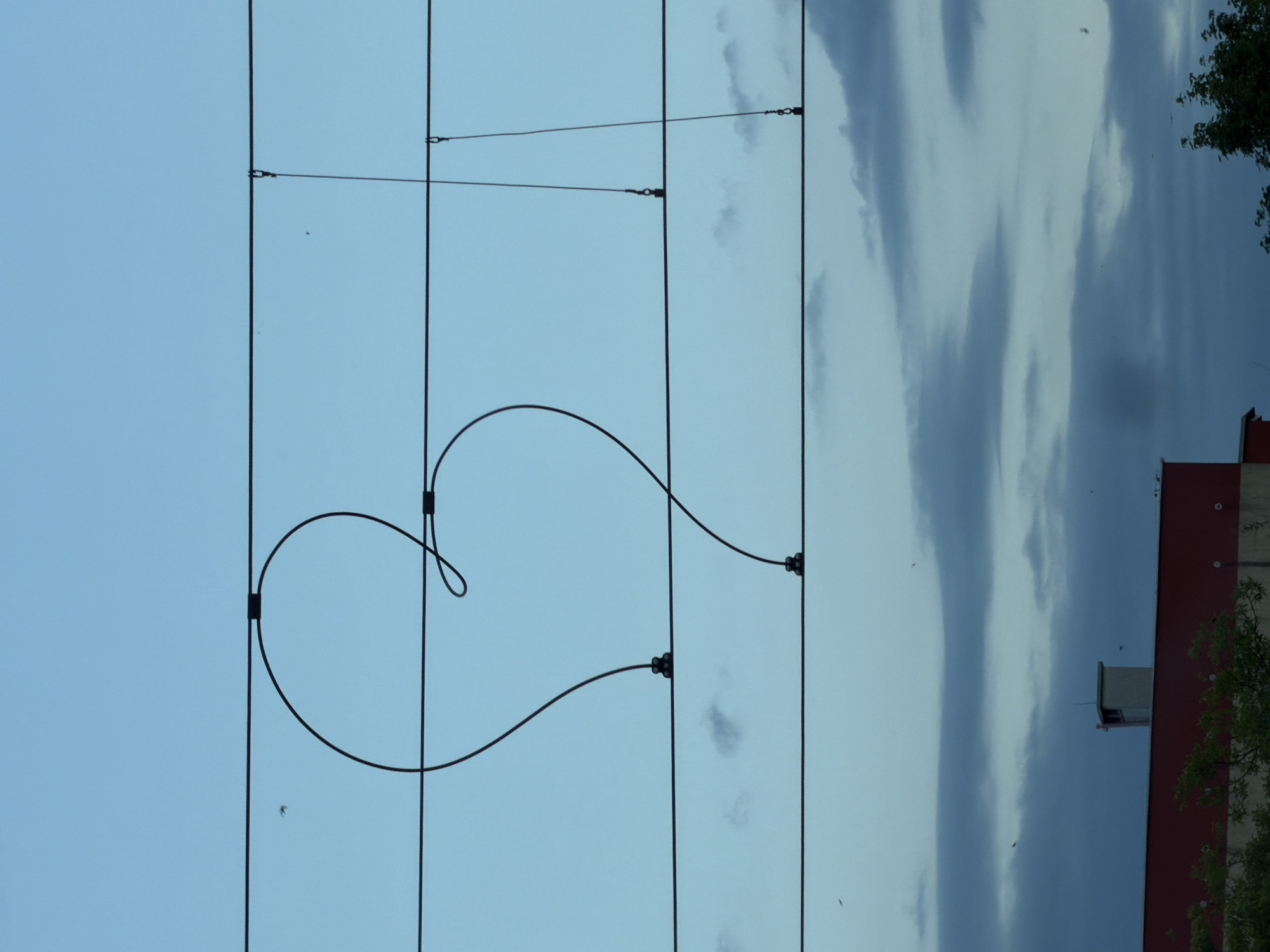 The image displays an outdoor scene dominated by an overcast twilight sky, featuring overhead utility lines and the upper portion of a building. The sky transitions from a lighter teal-blue at the top to a darker grey-blue with stratiform clouds towards the bottom. Several horizontal black utility wires span the upper two-thirds of the frame. A prominent black cable forms a heart shape, suspended between the top two horizontal wires. The heart's upper apex is secured to the uppermost wire by a black rectangular clamp, and its lower point connects to the second wire from the top with a small, multi-lobed black clamp. To the right of the heart, two additional thin black vertical cables hang from the upper two horizontal wires, each secured with small, metallic fittings. Numerous small, dark specks, likely insects or distant birds, are visible against the sky. The lower portion of the image reveals the upper facade of a building with a red-orange roof or top section on the left, from which a light-colored, square chimney or vent stack rises. Dark green tree foliage is partially visible along the bottom edge, particularly on the right. The location depicted is a city of Unknown, Unknown.