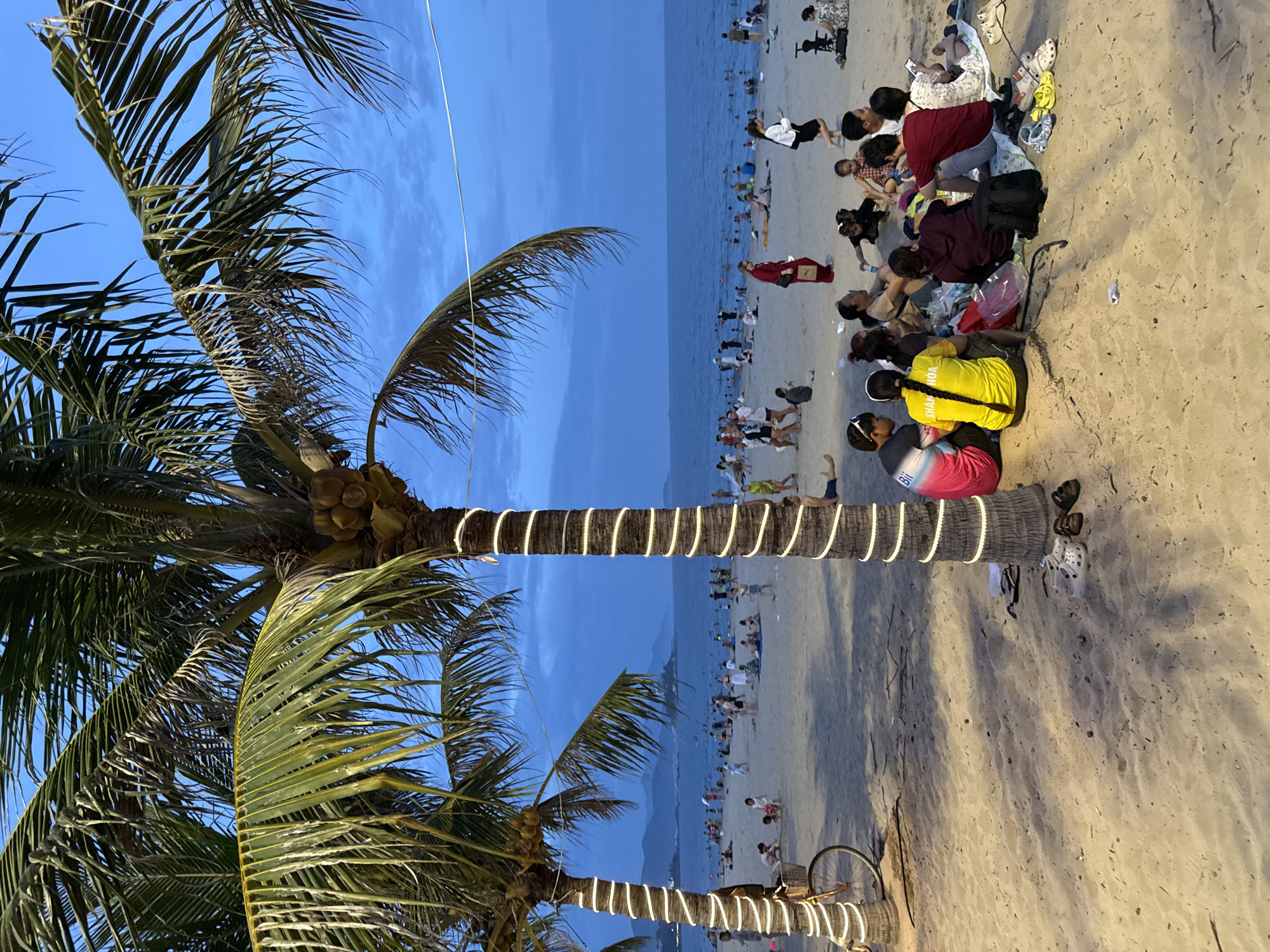 The image depicts a beach scene in Nha Trang, Vietnam, likely in the late afternoon or early evening given the soft lighting and the clear blue sky with some wispy clouds. Two prominent palm trees, wrapped with festive white string lights, stand in the foreground, casting long shadows on the sandy beach. In the background, the calm ocean stretches to the horizon, dotted with a few boats.
The beach is populated with numerous people, engaged in various activities. Some are wading in the water, while others are relaxing on the sand, sunbathing, or socializing. Families and groups of friends are scattered across the beach.
In the immediate foreground, a group of individuals are sitting together on a blanket, appearing to be having a conversation or enjoying each other's company. One person is wearing a bright yellow shirt with Vietnamese text. Nearby, a bicycle with a basket is parked next to one of the palm trees. Various items like shoes, bags, and a water bottle are scattered on the sand around the sitting group.
The overall atmosphere of the image is one of leisure and relaxation, characteristic of a popular beach destination.