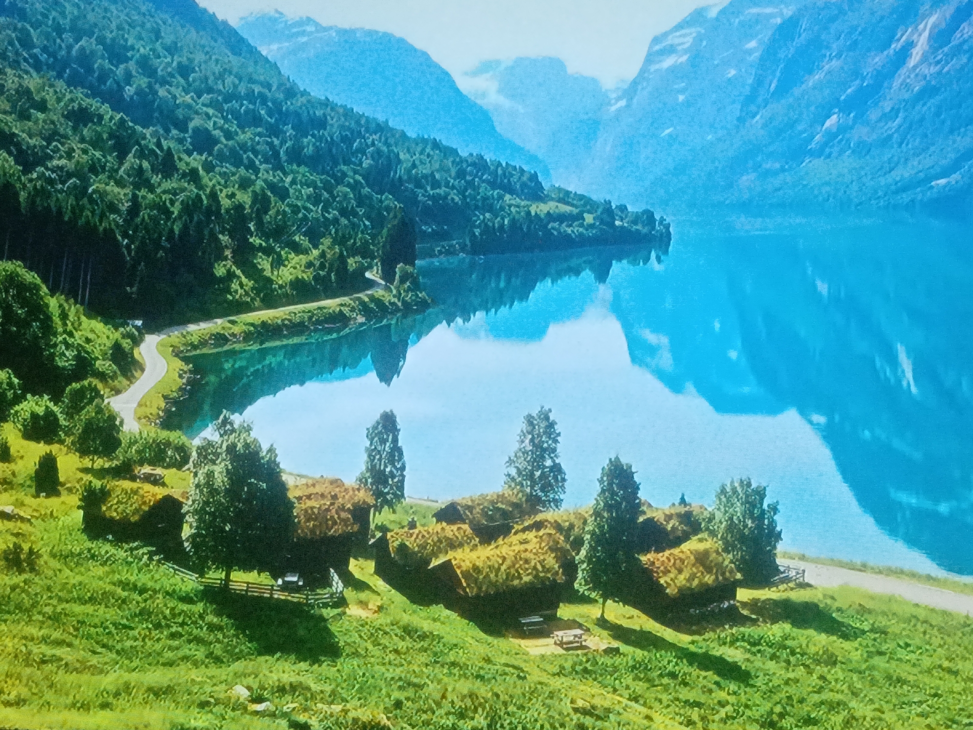 The image depicts a picturesque scene of traditional sod-roofed buildings clustered on a green hillside beside a large, calm body of water. The architecture suggests a Scandinavian or Nordic location, not Venezuela. The water reflects the distant mountains, which are a hazy blue in the background. A winding road traces the shoreline. The foreground features lush green grass and scattered trees around the buildings, which appear to be small cabins or houses with grass or turf growing on their roofs. Picnic tables are visible near some of the structures. There are no discernible people in the image. The overall environment is serene and scenic.