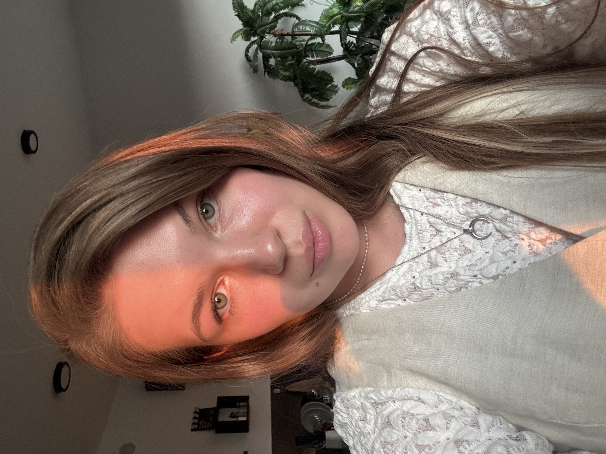A young woman with long brown hair and light skin is pictured indoors with sunlight casting a warm, reddish glow on one side of her face. She has green eyes and is wearing a light-colored top with lace details and a silver necklace with a pendant. Behind her is a wall with some decorative elements, including what appears to be a plant, possibly artificial. The scene is situated within the city of Vozdovac Urban Municipality, Serbia.
