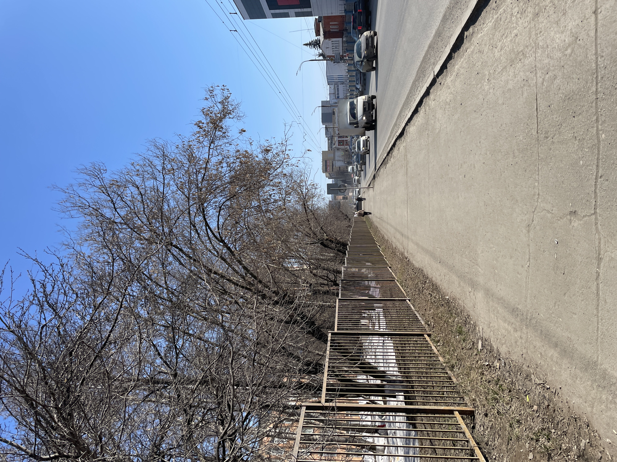 The image shows an elevated concrete sidewalk and a parallel road in Izhevsk, Russia. A metal barrier runs along the sidewalk's edge, separating it from a lower area containing leafless trees. Cars are visible on the road. Buildings are situated beyond the road. The sky is clear and blue.