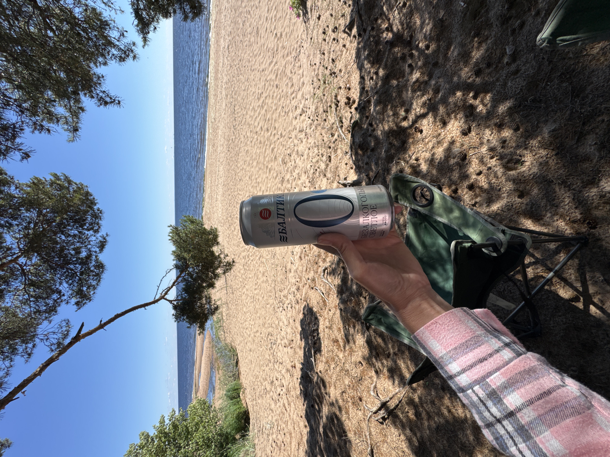 A person's hand, wearing a pink and grey plaid sleeve, holds a silver can of "Baltik 0" non-alcoholic beer. The can is positioned in the foreground, obscuring part of the sandy beach. In the background, a calm blue sea stretches to the horizon under a clear blue sky. Pine trees cast shadows on the sandy ground, which is littered with pinecones. A green camping chair is visible to the left of the can. The scene appears to be set in a natural, outdoor environment, possibly a beach in Zelenaya Roshcha, Russia.
