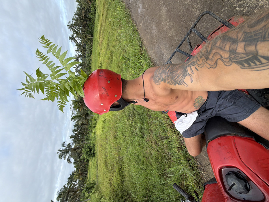 A tanned man sits on a red ATV, his torso exposed, displaying tattoos. He wears a red helmet with green fronds sticking out of the top. The background features a green, grassy field dotted with palm trees beneath a cloudy sky. The ATV is positioned on a paved road beside the field. The man's arm, covered in tattoos, reaches towards the camera.