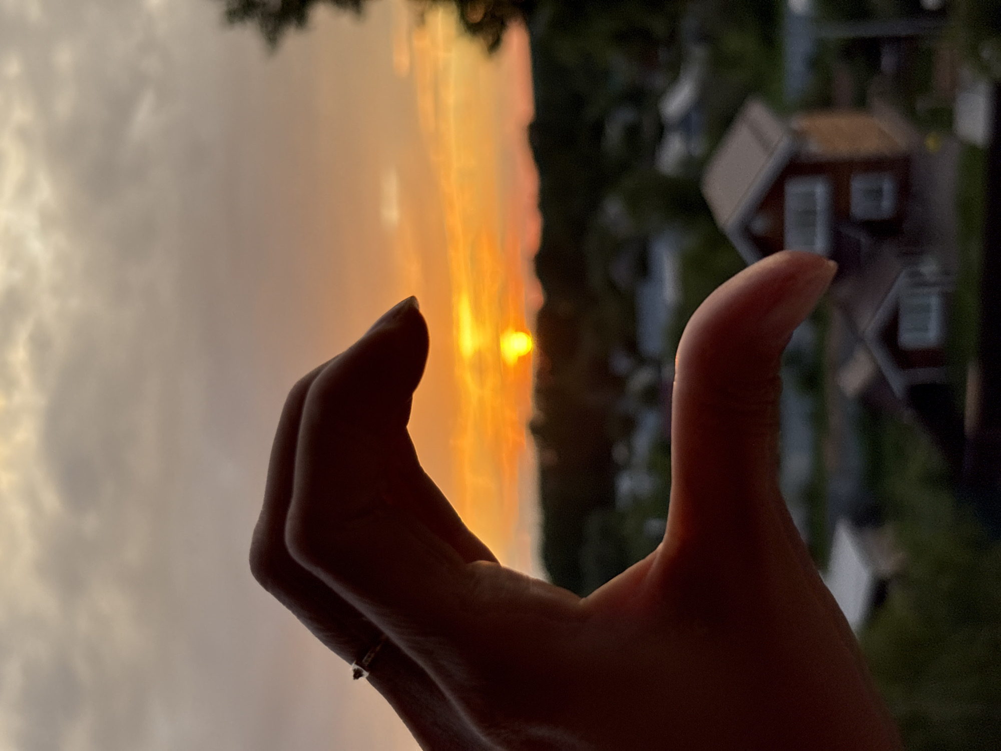 This media file captures a close-up of a person's hand silhouetted against a vibrant sunset. The hand is positioned in the foreground, with its fingers curved to form a shape that appears to be either a heart or a cupped gesture. A thin ring with a small stone is visible on one of the fingers.
The background is dominated by a striking sunset, characterized by intense shades of orange and yellow, with soft, diffused clouds. The warm light of the setting sun illuminates the sky, creating a dramatic and atmospheric scene. Beyond the sunset, the blurry outline of houses and trees suggests a residential setting, likely in Chaikovsky, Russia, given the provided location context. The houses appear to be small, traditional structures, possibly cottages or cabins, with visible roofs and windows.
The time of day is clearly sunset, indicated by the colors of the sky. The weather appears to be clear with some cloud cover, allowing for a beautiful display of sunset colors. The overall mood conveyed by the image is one of tranquility and appreciation for nature's beauty, with the hand gesture perhaps symbolizing love, hope, or a moment of reflection. No text is visible in the media file.