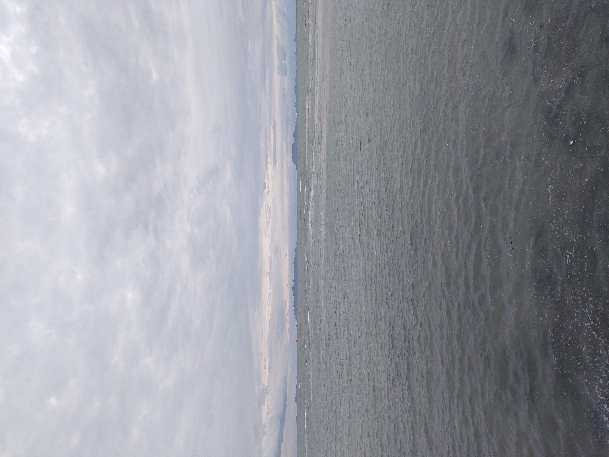 The image depicts a vast expanse of water meeting a cloudy sky. The water, appearing calm with gentle ripples, stretches towards a distant horizon where a hazy, mountainous landscape is barely visible. The sky is overcast with layers of gray and white clouds, suggesting a subdued or possibly approaching weather event. The scene is split vertically, with the left side dominated by the sky and the right by the water, creating a stark contrast. The overall impression is one of a serene, natural landscape, likely captured during daylight hours due to the ambient light, though the cloud cover obscures any direct sunlight. No people, objects, or text are discernible within the frame. The muted color palette and the expansive view evoke a sense of tranquility and perhaps isolation. The image is oriented vertically, suggesting it might have been taken from a slightly elevated position, possibly a boat or a coastal viewpoint.