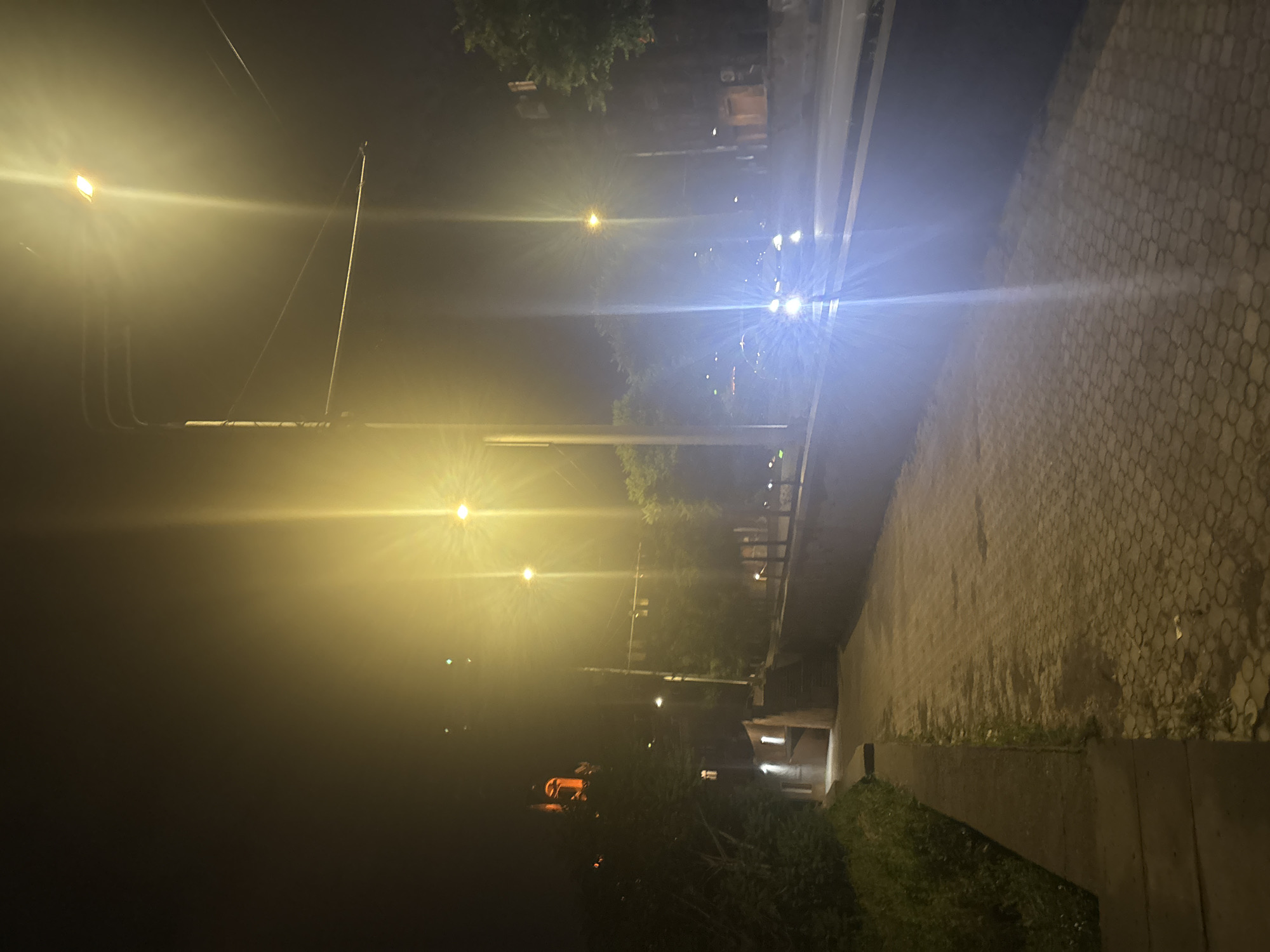 The image depicts a night scene in Yerevan, Armenia, characterized by heavy fog and streetlights. The photograph is oriented vertically. Streetlights illuminate the fog with a yellow hue. The right side of the image shows a stone pathway and a slope with vegetation. On the left, indistinct trees and buildings are visible in the distance, and the blurry shape of a vehicle is faintly discernible. Bright headlight from a vehicle are causing glare.