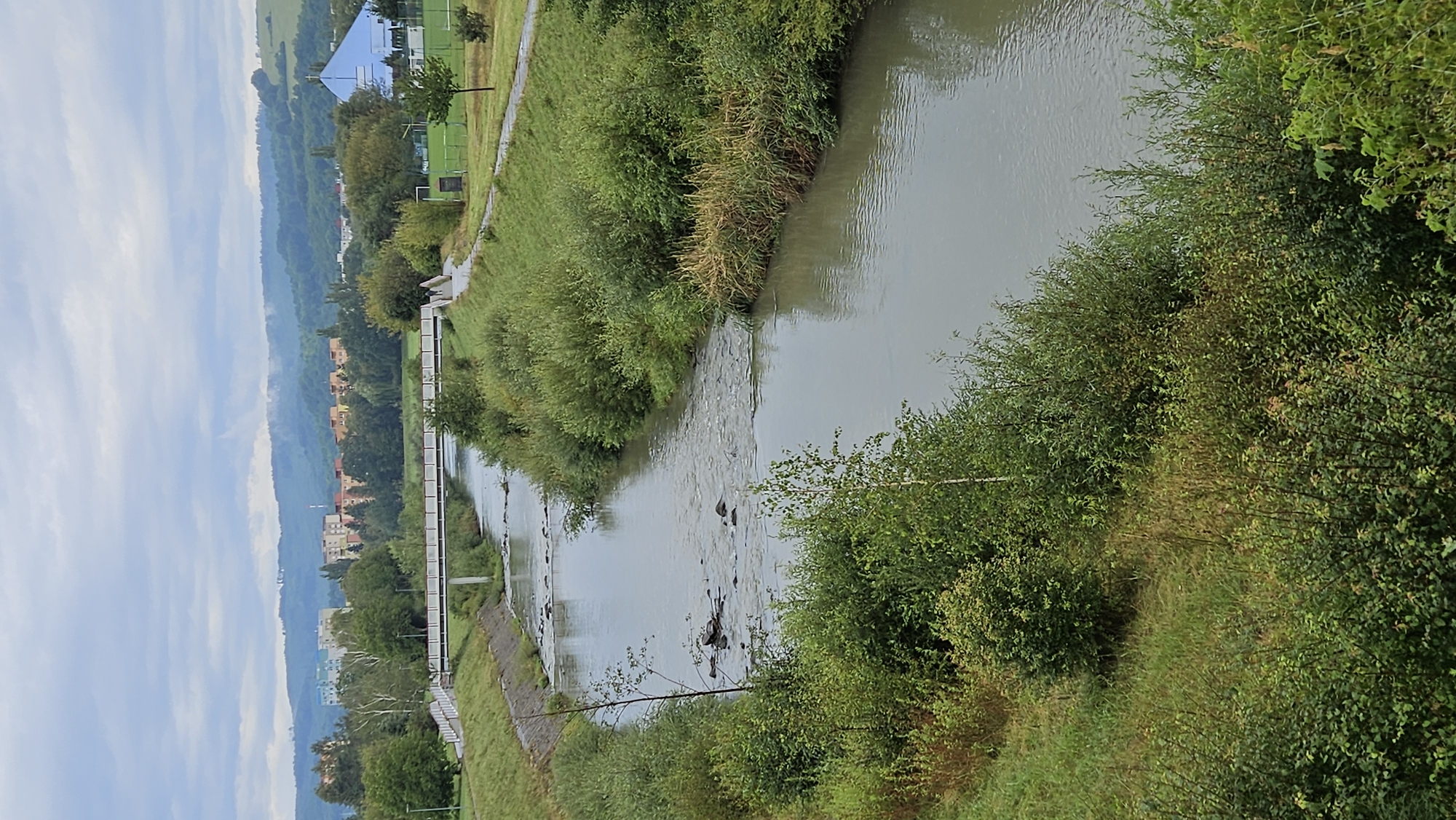 The image shows a view of the Sekčov river in Prešov, Slovakia. The river flows through a man-made channel with grassy banks, lined with trees and bushes. In the background, there is a bridge crossing the river, and beyond that, a cityscape with buildings and green hills. A sports field with a blue-roofed structure is visible to the right of the frame. The sky is cloudy, suggesting overcast weather. There are no people or animals visible in the scene.