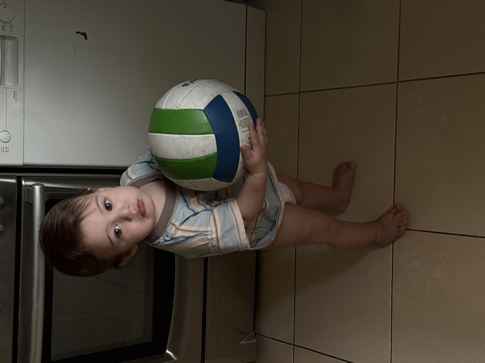 A young toddler, likely male, stands in what appears to be a kitchen or laundry area. The child is wearing a blue and tan striped t-shirt and a diaper. They are holding a multi-colored volleyball, with green, white, and blue panels, in their right arm and hand. The child is looking towards the camera with a neutral expression.
The background shows a stainless steel oven to the left and a white appliance, possibly a dishwasher or washing machine, to the right. The floor is tiled in a beige or light brown color. The lighting is dim, with shadows cast across the scene.
The image does not contain any specific visual cues that would allow for a definitive determination of its location in Krasnodar, Russia.