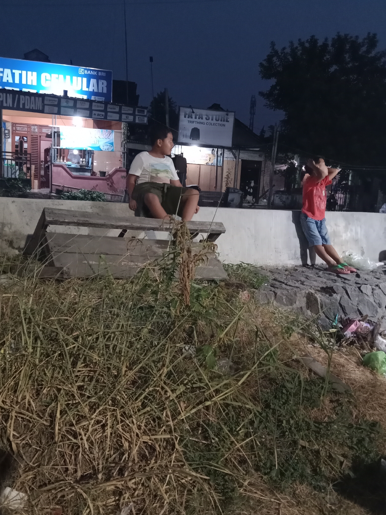 In the city of Langensari, Indonesia, an outdoor scene unfolds at night. Two children are present. A boy, wearing a white t-shirt and dark shorts, sits on a dilapidated wooden bench. His gaze is directed away from the camera, towards his left. To his right, another child, dressed in a red t-shirt and denim shorts, stands with their back to the camera. This child is looking upwards, with their hands behind their head.
The environment is characterized by overgrown dry grass in the foreground, leading to a stone embankment. Behind the embankment, a white wall stretches across the frame. A building with a blue illuminated sign reading "FATIH CELLULAR" and "BANK BRI" is visible to the left. Further to the right, another sign reads "TATA STORE" and "TRIFTIHING COLECTION". The overall lighting suggests it is nighttime, with artificial lights illuminating the buildings. Litter is visible on the ground near the stone embankment.