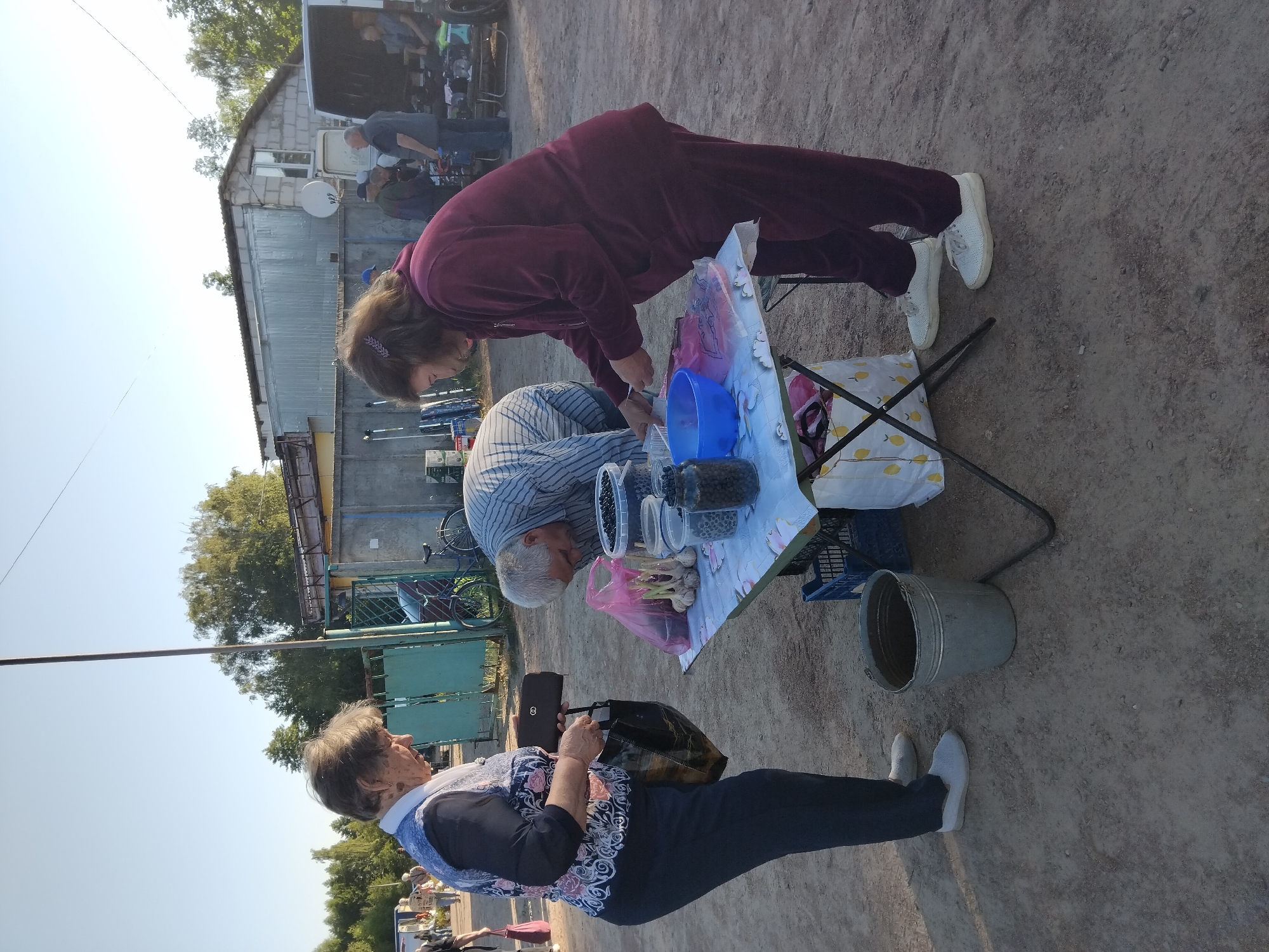 The image depicts an outdoor market scene, possibly in Irshansk, Ukraine, with several individuals interacting around a makeshift stall. In the foreground, a woman in a blue patterned vest and dark pants stands holding a purse and a shopping bag, facing a table. To her right, a man in a striped shirt is bent over the table, appearing to examine or handle produce. A woman in a burgundy tracksuit is also at the table, engaged with items. The table is laden with containers of dark berries, what appear to be heads of garlic, and a blue bowl. Behind the stall, other people and vehicles, including a white van with its rear open, are visible, suggesting a bustling market environment. The ground is dirt and gravel, and the background shows trees and buildings.