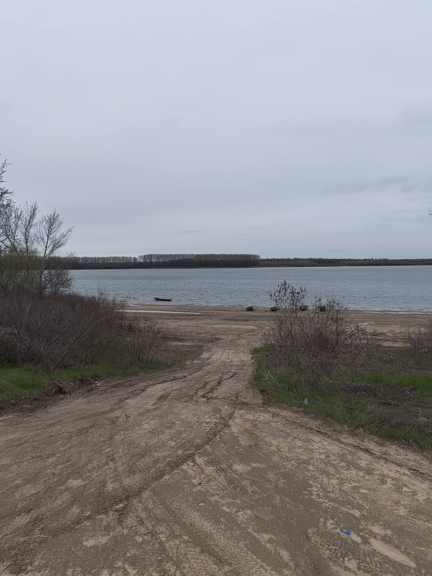 The image shows a dirt road leading to the Danube River near Kozloduy, Bulgaria. Tire tracks are visible in the dirt. On the left and right sides of the road, there are bushes. The Danube River is calm with a strip of trees visible on the opposite bank. The sky is overcast. In the distance, a small boat is visible on the water. Trash and debris are scattered along the sides of the road and on the beach.