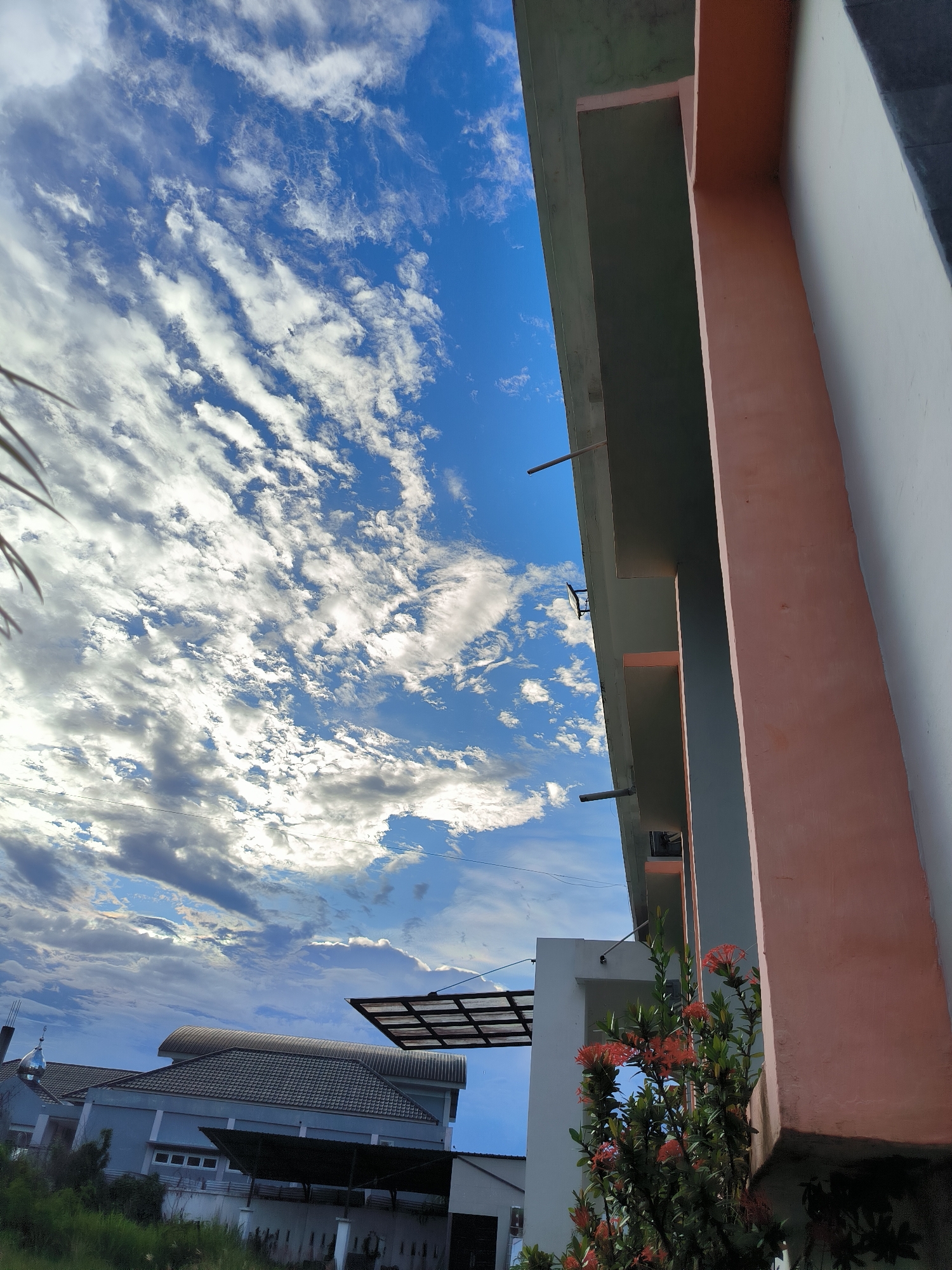 The image depicts a view in Lhokseumawe, Indonesia, looking up at a partially obscured building with pink columns and a light green overhang against a backdrop of a vibrant blue sky filled with elongated, striated clouds. In the lower left, there is a blue and white mosque or building, with a dome-like top. A metal roof is partially visible adjacent to the building. A plant with red flowers grows near the building in the foreground. The angle suggests the photo was taken from ground level. Electrical wires are also present in the sky above the buildings.