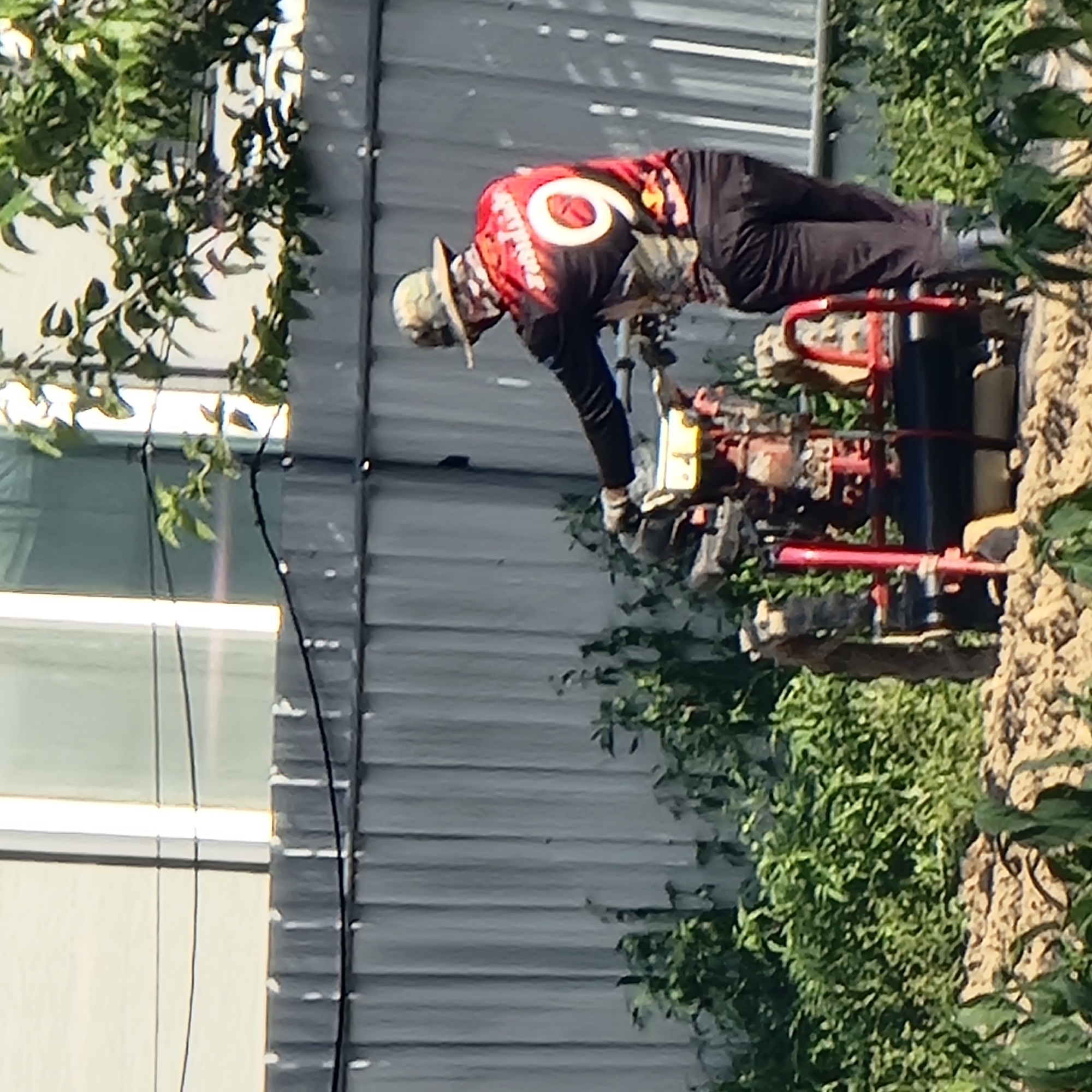 In Dunnae-myeon, South Korea, a person is operating a tiller in a garden. The individual, wearing a camouflage hat, a red shirt with a large white number "9" on the back, and black pants, is seen from behind. They are also wearing gloves. The tiller, a piece of farm equipment with wheels and a tilling mechanism, is being used to cultivate the soil. The environment includes lush green foliage and a grey, corrugated metal fence in the background. The scene appears to be outdoors on a sunny day.