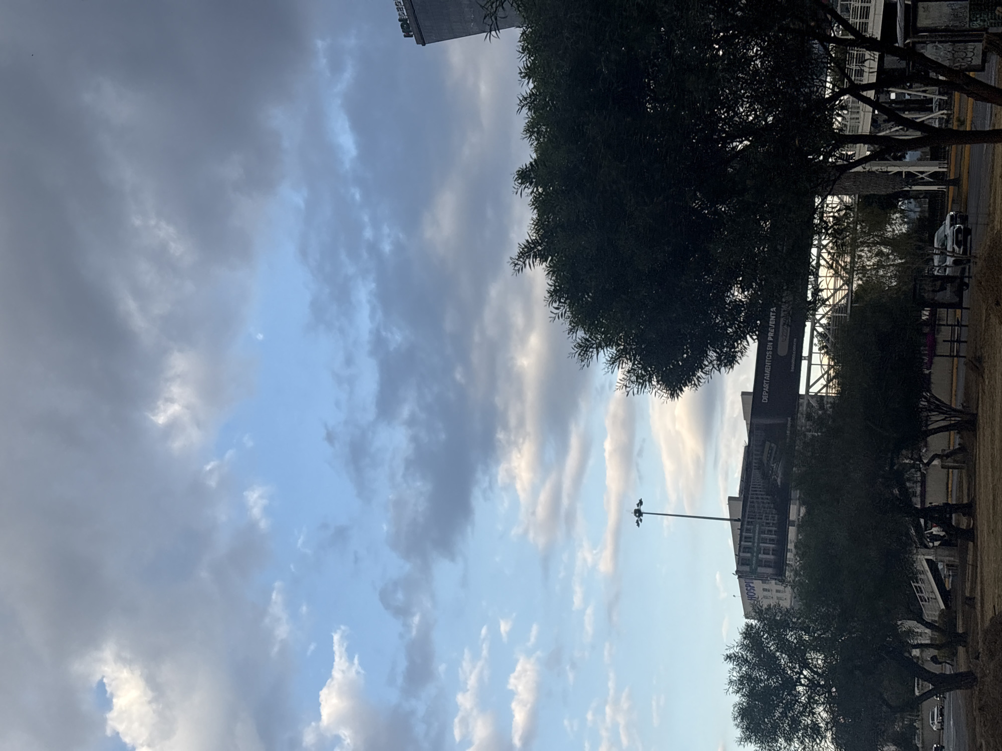 The image shows an urban scene in Heroica Puebla de Zaragoza, Mexico. The sky is filled with gray and white clouds, partially obscuring a blue sky. A row of trees lines the right side of the frame, with their leaves casting shadows. A tall light pole is visible. Buildings are partially obscured by the trees, including a building with the word "HOSPITAL" visible on it and a billboard with the words "DEPARTAMENTOS EN VENTA". There is an overpass in the background. Cars are parked on the side of the road. The ground appears to be covered in dry grass.