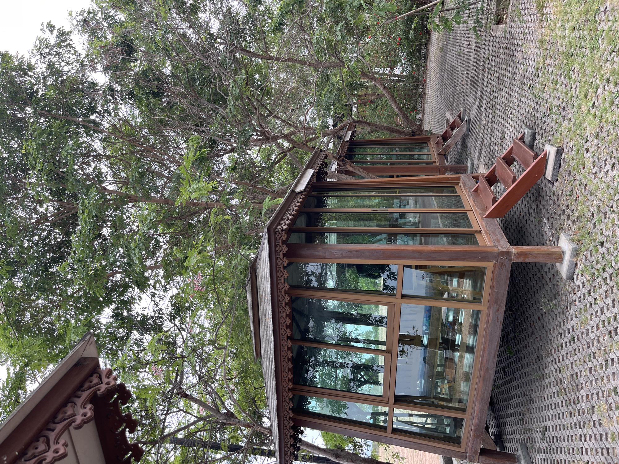 The image depicts a small, elevated wooden structure with glass walls, possibly a pavilion or gazebo, situated outdoors. The structure is built on a paved area with vegetation growing in the openings. A tree canopy partially covers the structure. The style suggests a Thai influence. The location is potentially Muang Pattaya, Thailand. The scene is static and appears to be devoid of people.