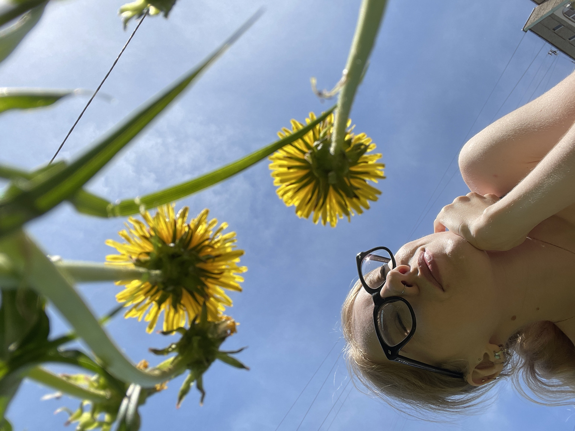 The image is taken from a low angle, looking up at a woman with her face partially in frame, yellow dandelions, and a blue sky. The woman is wearing black-rimmed glasses and has blond hair. She is holding her chin with her hand. There is a building visible in the upper right corner, and some utility lines stretching across the sky. I cannot identify the location as Izhevsk, Russia.