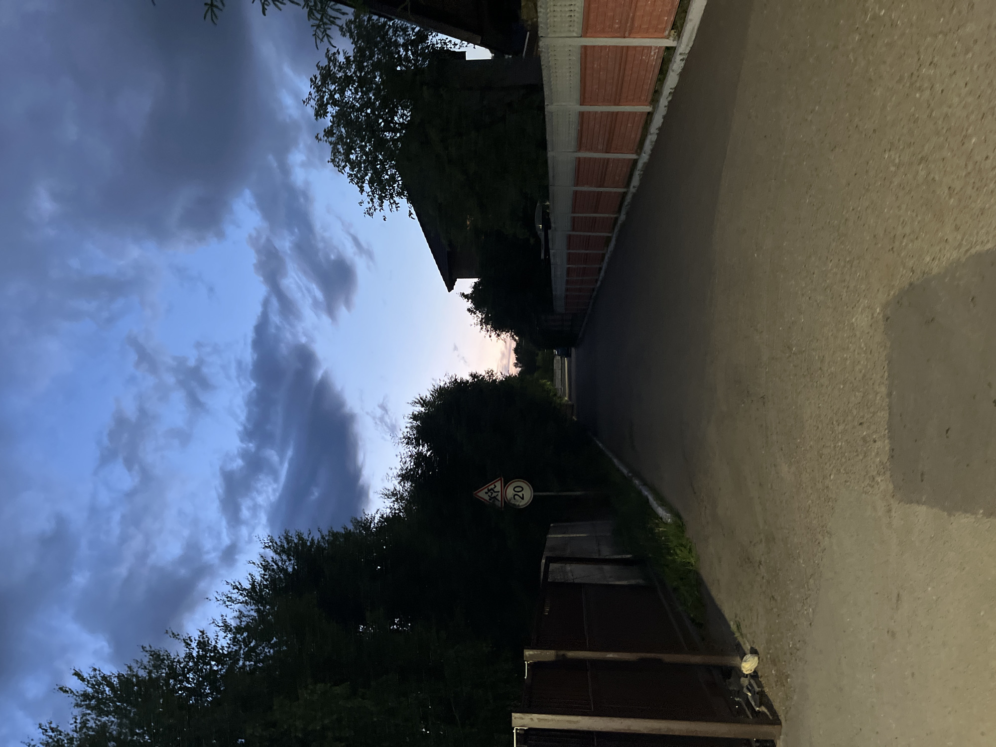The image depicts a quiet, semi-rural street scene during twilight, likely in Ореховка, Russia. The sky, filling the upper portion of the frame, transitions from a soft blue-pink hue near the horizon on the left to heavier, dark grey and blue clouds above and towards the right, indicating overcast conditions or a recent storm.
On the left side, dense, dark green trees line the street, partially obscuring a building. On the right, a paved asphalt road extends into the distance, appearing faintly illuminated. Running alongside the road on the right is a fence made of reddish-brown panels with lighter horizontal supports.
Further down the street on the left, two road signs are visible against the dark foliage. A yellow triangular sign with a black border features the silhouette of two children walking, indicating a "Children" or school zone. Adjacent to it is a white circular sign with a black border displaying the number "20", signifying a 20 km/h speed limit. Below these signs, a dark, possibly metallic gate or fence is partially visible.
No specific activity or people are depicted, creating a still and subdued atmosphere typical of dusk or dawn. The cloudy sky suggests a calm, possibly damp, environment.