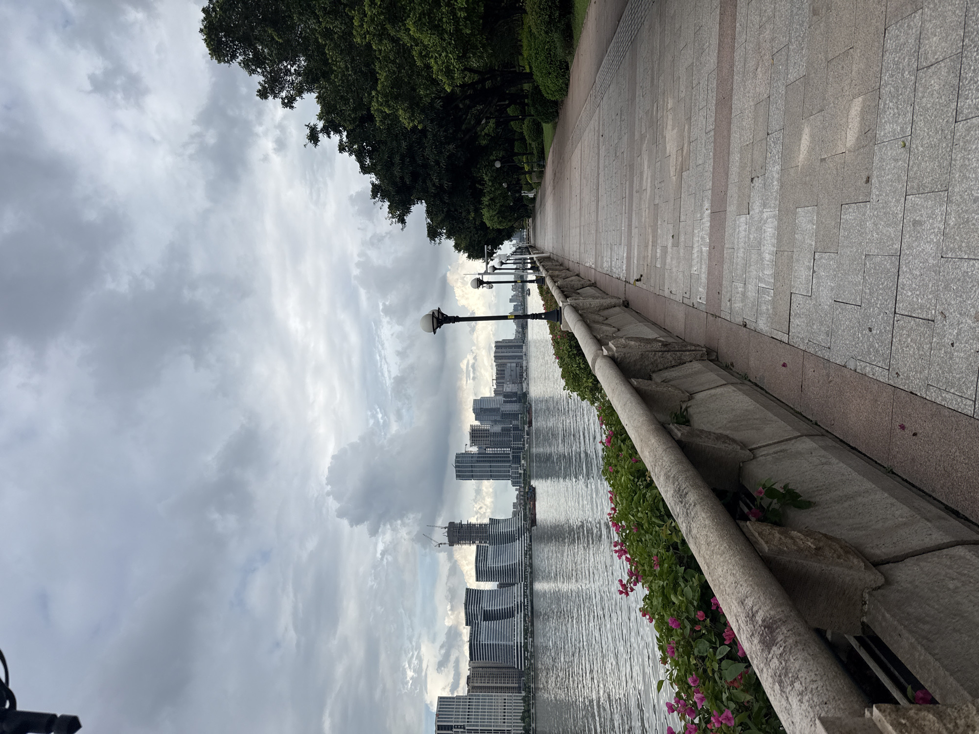A panoramic view of a waterfront promenade in Tianhe District, China, features a paved walkway lined with lampposts and lush trees on the right. Across the river, a modern cityscape with tall buildings, including one under construction with cranes, dominates the horizon under a cloudy sky. Pink flowers bloom along the stone embankment bordering the walkway on the left. The river's surface reflects the overcast sky and the distant buildings. The scene captures a serene urban landscape, with no people visible.