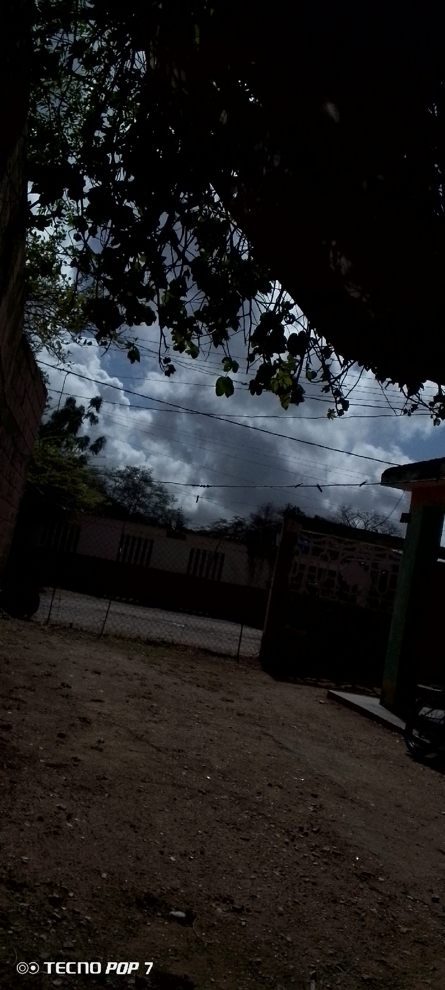 The image depicts an outdoor scene, possibly in Altagracia, Venezuela, characterized by a predominantly overcast sky with patches of lighter clouds. Overhanging tree branches, silhouetted against the sky, dominate the upper portion of the frame, with some leaves visible. Several power lines stretch across the scene horizontally.
In the mid-ground, there appears to be a low building with a fence in front of it. The building's facade is obscured by darkness, but vertical elements are discernible. The ground in the foreground is composed of dirt and small stones. To the right of the frame, a dark structure, possibly a doorway or entrance, is partially visible, with some architectural details in lighter colors on its upper edge. The overall lighting suggests it may be late afternoon or a cloudy day, with deep shadows. The bottom left corner of the image displays the text "TECNO POP 7" and a circular logo, indicating it is a photo taken with a Tecno Pop 7 mobile device. No people are visible in the scene.