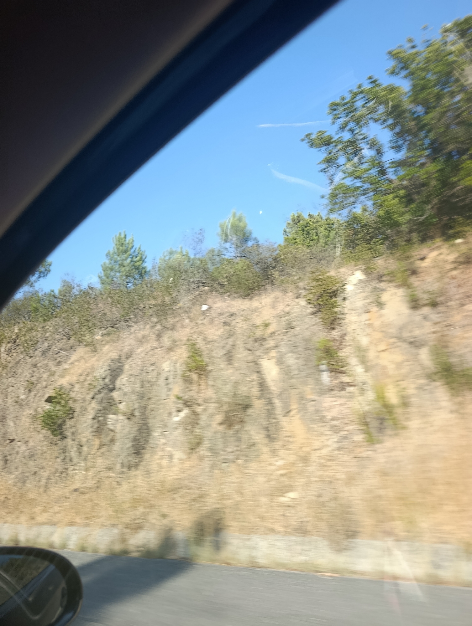 The image captures a blurry, motion-filled view from inside a vehicle, looking out a window. The scene depicts a sunny day with a clear blue sky. To the right, a hillside is covered with dry, sparse vegetation and some rocky outcrops. Several trees, predominantly green conifers, are visible on the hillside and in the distance. The foreground shows a portion of the road and a side-view mirror of the vehicle. The motion blur suggests the vehicle is in transit. The location is identified as being in the city of Grândola, Portugal.