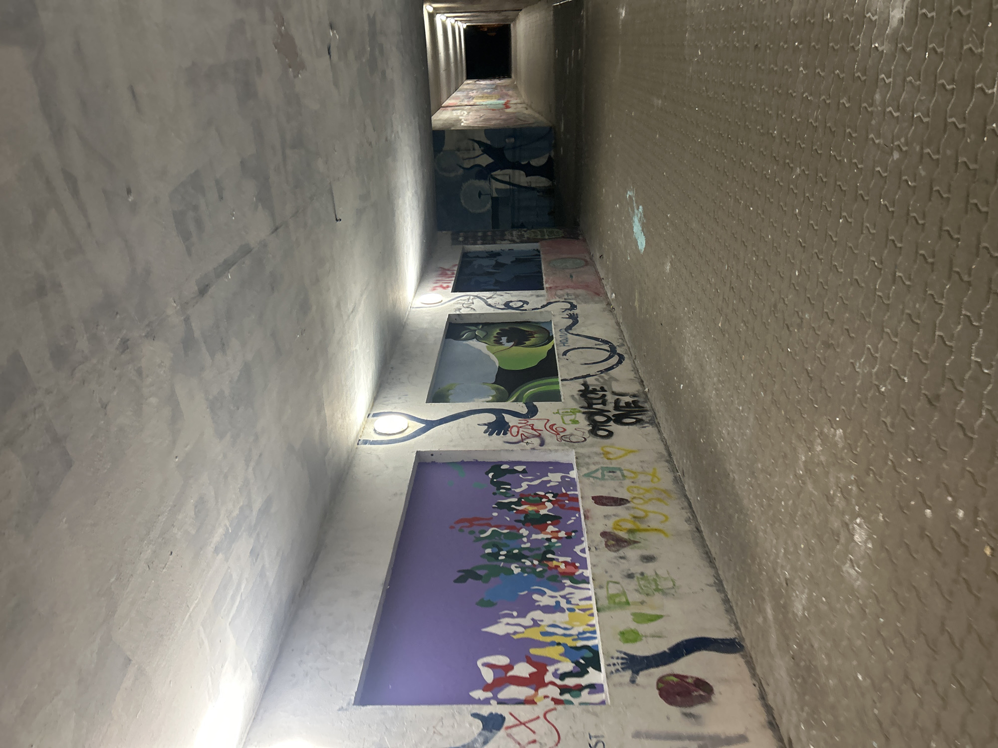 The image shows a concrete underpass tunnel decorated with graffiti. The tunnel has a low, textured ceiling and brick-paved floor. The walls are adorned with various colorful graffiti tags and murals, including abstract figures and cartoonish characters. The tunnel extends into the distance, with lighting fixtures visible on the right side. The scene appears to be located in Pilsen, Czechia, based on the accompanying context. There are no people visible in the image. The environment is urban and somewhat neglected, suggested by the graffiti and the utilitarian nature of the underpass.