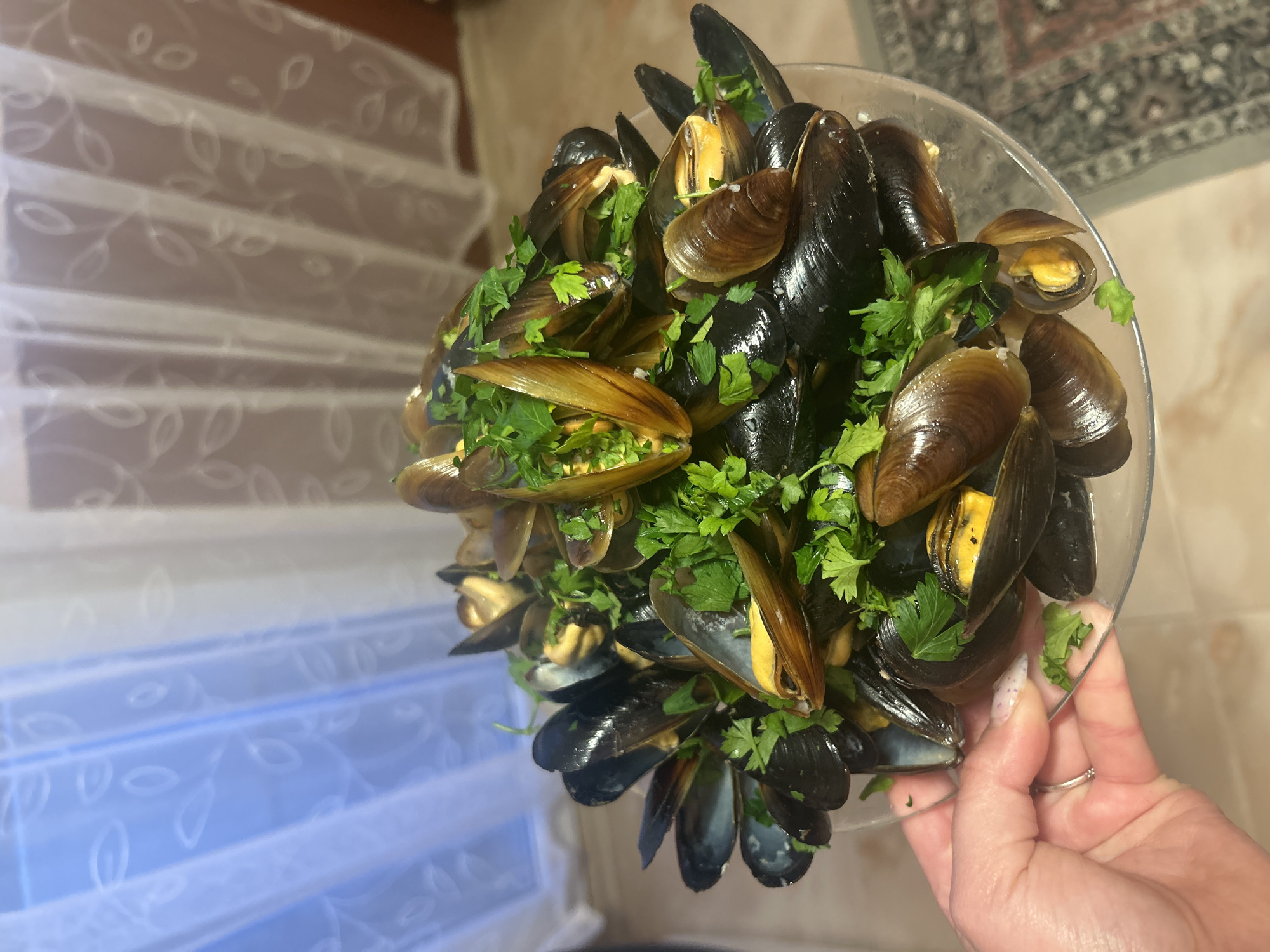 A hand holds a clear glass bowl filled with mussels and garnished with fresh parsley. The mussels are both black and brown in color, with some open, revealing the seafood inside. The hand has a ring on its finger. The background includes a light blue and white sheer curtain on the left, and a patterned rug on the right. The location is unknown and there is no information to confirm if it is Plovdiv, Bulgaria.