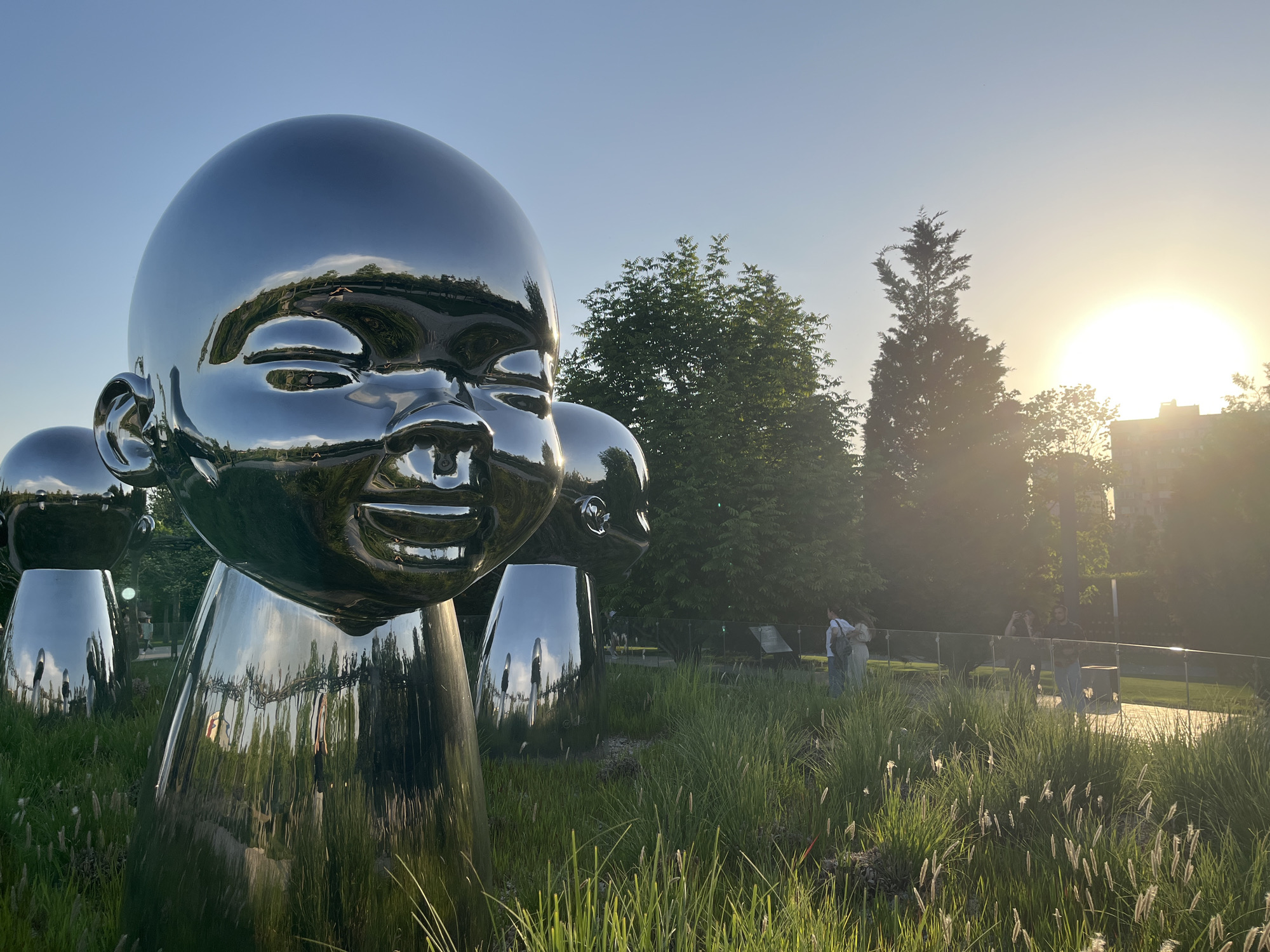 The image shows a cluster of large, mirrored sculptures resembling babies' heads and torsos standing in tall grass. The sculptures are reflective, distorting the surrounding environment. In the background, there is a green park area with trees, walking paths, and people. The sun is low on the horizon, creating a bright glare. The location is in Krasnodar, Russia. There are people in the background standing near a walkway and taking photos.
