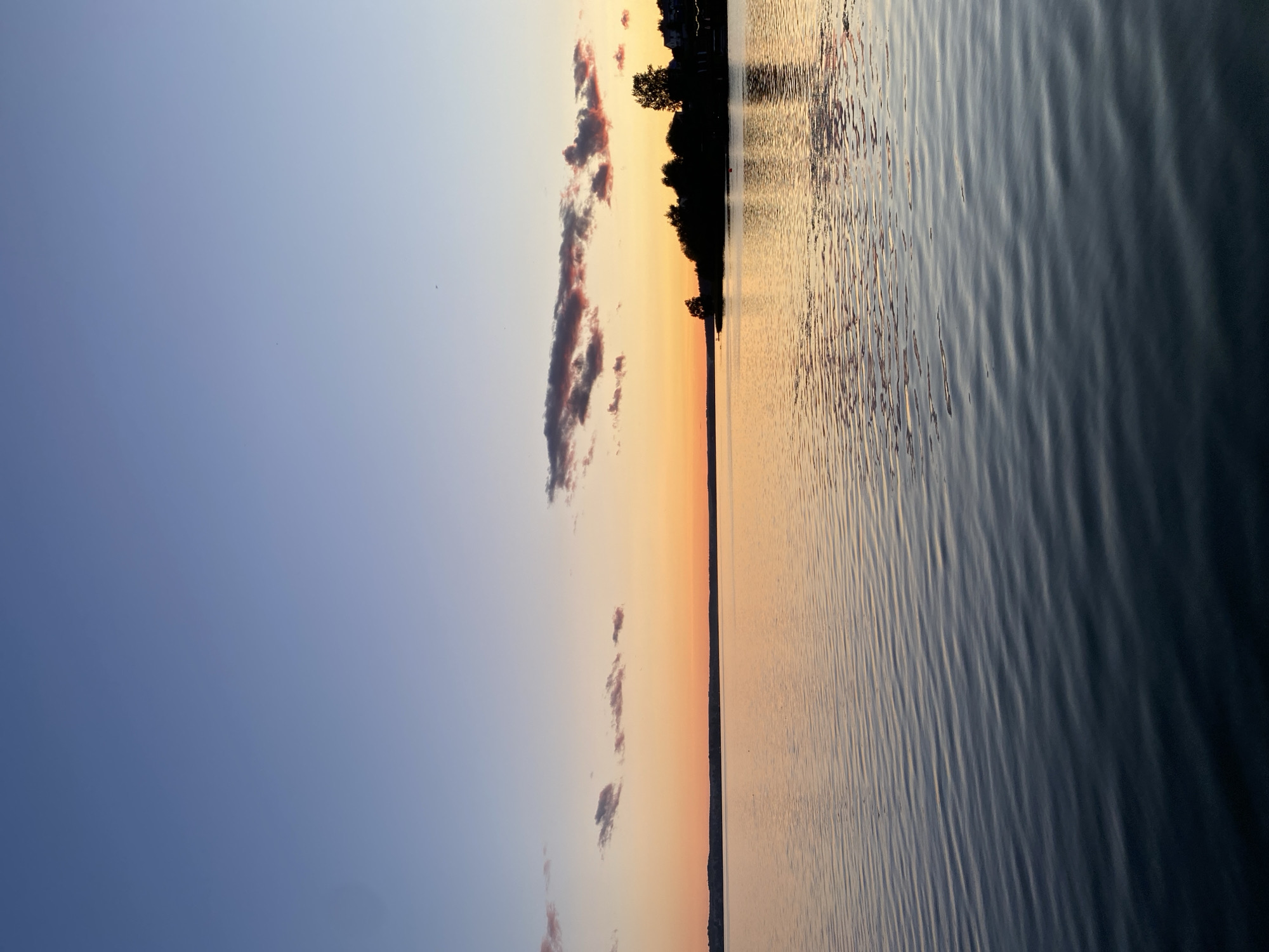 The image depicts a serene twilight scene over a body of water, presumably a lake or river, with a silhouetted treeline and structures on the distant shore. The sky transitions from a pale blue at the top to soft oranges and pinks near the horizon, where a band of clouds reflects the sunset colors. The water's surface is gently rippled, catching the diffused light. On the right side of the frame, a cluster of trees forms a dark silhouette against the colorful sky, with glimpses of houses nestled among them. A small red buoy is visible in the water near the shore. This scene is characteristic of the evening ambiance found along the shores of Lake Votkinsk in Votkinsk, Russia, a location known for its natural beauty and recreational opportunities.
