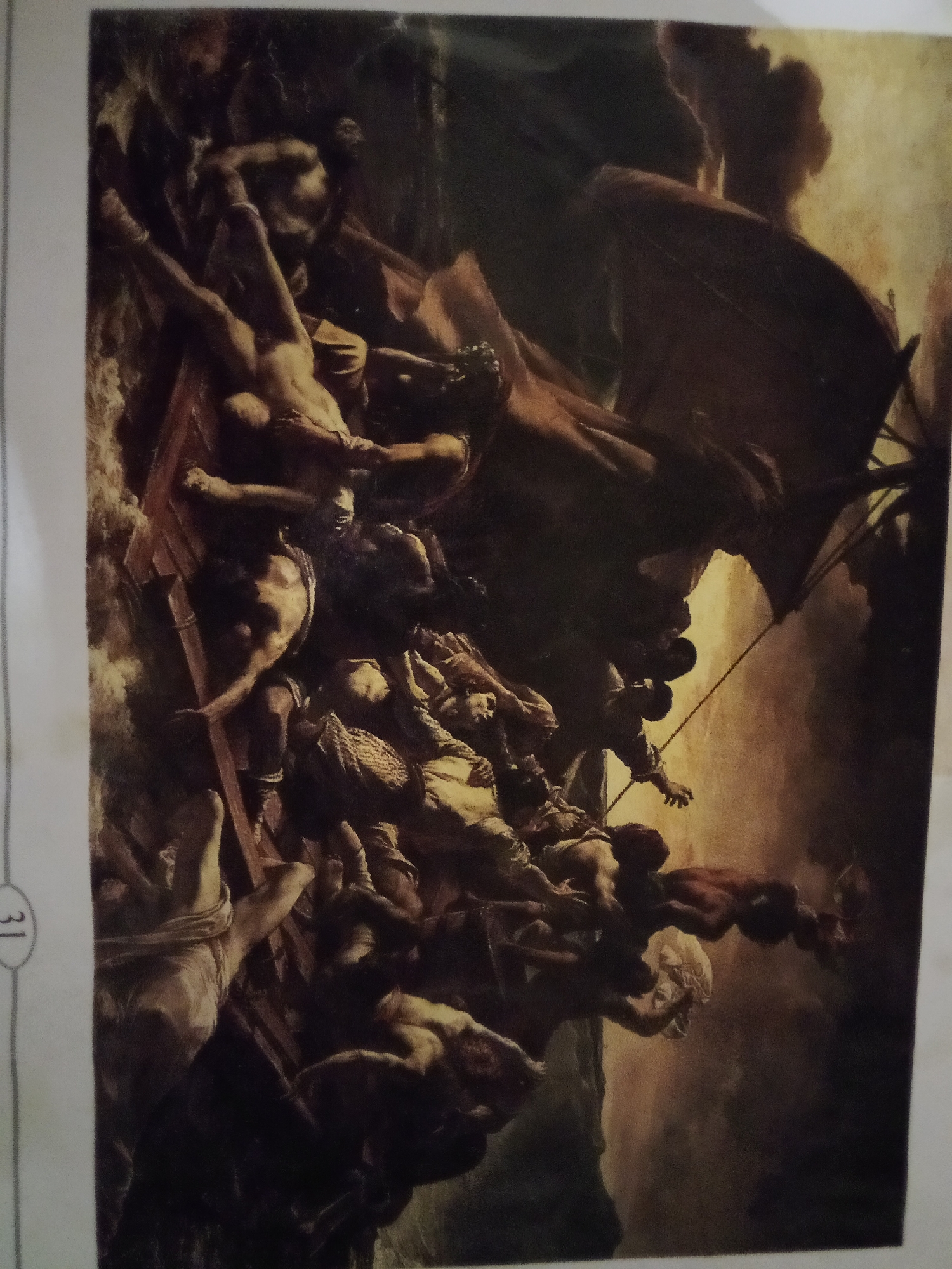 The image depicts a dramatic and chaotic scene of a shipwreck. A group of individuals, appearing to be survivors, are clinging to debris and each other amidst tumultuous waves and the remains of a ship. The figures are rendered in a dark, painterly style, emphasizing their struggle and the harshness of their environment. One figure is prominently shown in the foreground, seemingly reaching out or being pulled. The overall atmosphere is one of desperation and survival against the elements. There is no indication in the image that it is located in the city of Zhmerynka, Ukraine.