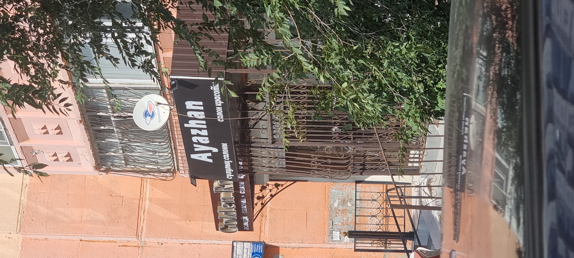 The image shows the facade of a building with an orange-colored wall. Above the entrance, there are two signs. The larger sign, in white text on a black background, reads "Ayazhan" and below it, in smaller text, "салон красоты". To the left, another sign, also white text on a black background, reads "Golden Ro" with "сулулык салоны" and "вседля салоны" in smaller text below. A satellite dish is visible mounted on the wall above the signs. The entrance is partially obscured by a decorative metal grate and lush green foliage from a tree. In the foreground, the reflection of the building and trees can be seen on a glossy surface, possibly a car. A street sign indicating "Улица" (Street) and a number can be seen on the left side of the image. The scene depicts the exterior of a commercial establishment, likely a beauty salon, in an urban setting.
