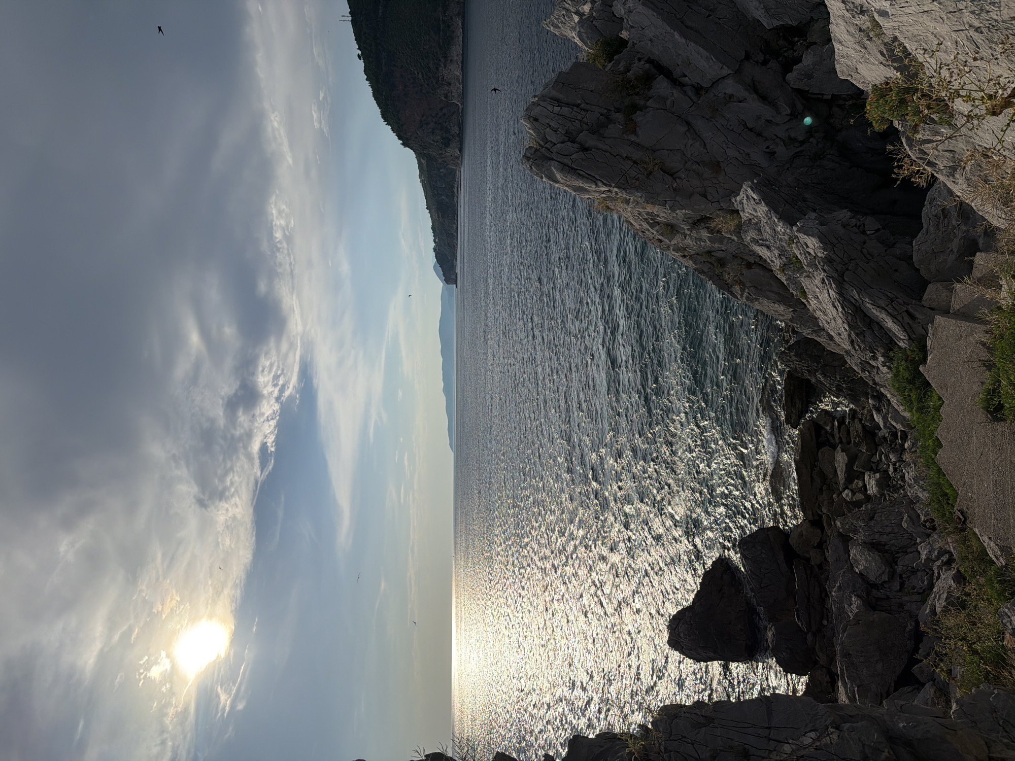 The image captures a dramatic coastal scene overlooking the Adriatic Sea, likely near Petrovac na Moru, Montenegro. The viewpoint is from a rocky cliff, with the rugged grey rocks dominating the foreground on the right side of the frame. Lush green vegetation and a paved path are also visible along the cliff edge, suggesting a scenic overlook or hiking trail.
The sea is a vast expanse of deep blue, shimmering intensely under the bright sun. The sunlight reflects off the water's surface, creating a dazzling, almost glittery effect that stretches to the horizon. The water appears slightly choppy, indicating a gentle breeze.
In the distance, a dark, tree-covered mountain slopes down towards the sea, creating a stark contrast with the bright water and sky. Faint outlines of other landmasses can be seen further in the distance, suggesting an archipelago or a coastline.
The sky is a mix of light blue and wispy white clouds, with the sun positioned towards the left side of the frame. The sun is very bright, almost appearing as a white disc, and its rays are diffused by the clouds. Several small birds are visible flying in the sky, adding a sense of life and movement to the serene landscape.
The time of day appears to be late afternoon or early evening, given the angle of the sun and the warm light illuminating the scene. The overall mood is one of tranquility and natural beauty, with a touch of drama provided by the imposing cliffs. There is no visible text in the image.