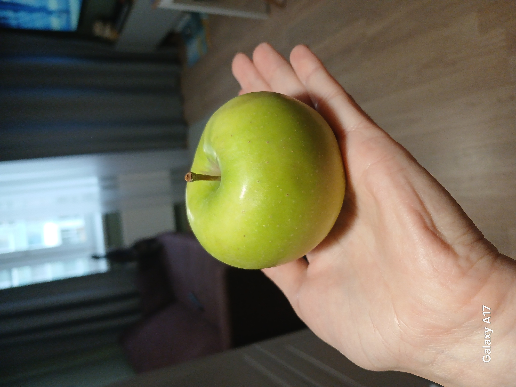 A green apple is held in the palm of a person's hand. The background includes a room interior with a window and curtains, as well as what appears to be a portion of a piece of furniture. The presence of the text "Galaxy A17" on the image suggests a possible origin device for the photo. No location in Yekaterinburg, Russia can be confirmed with the given information.