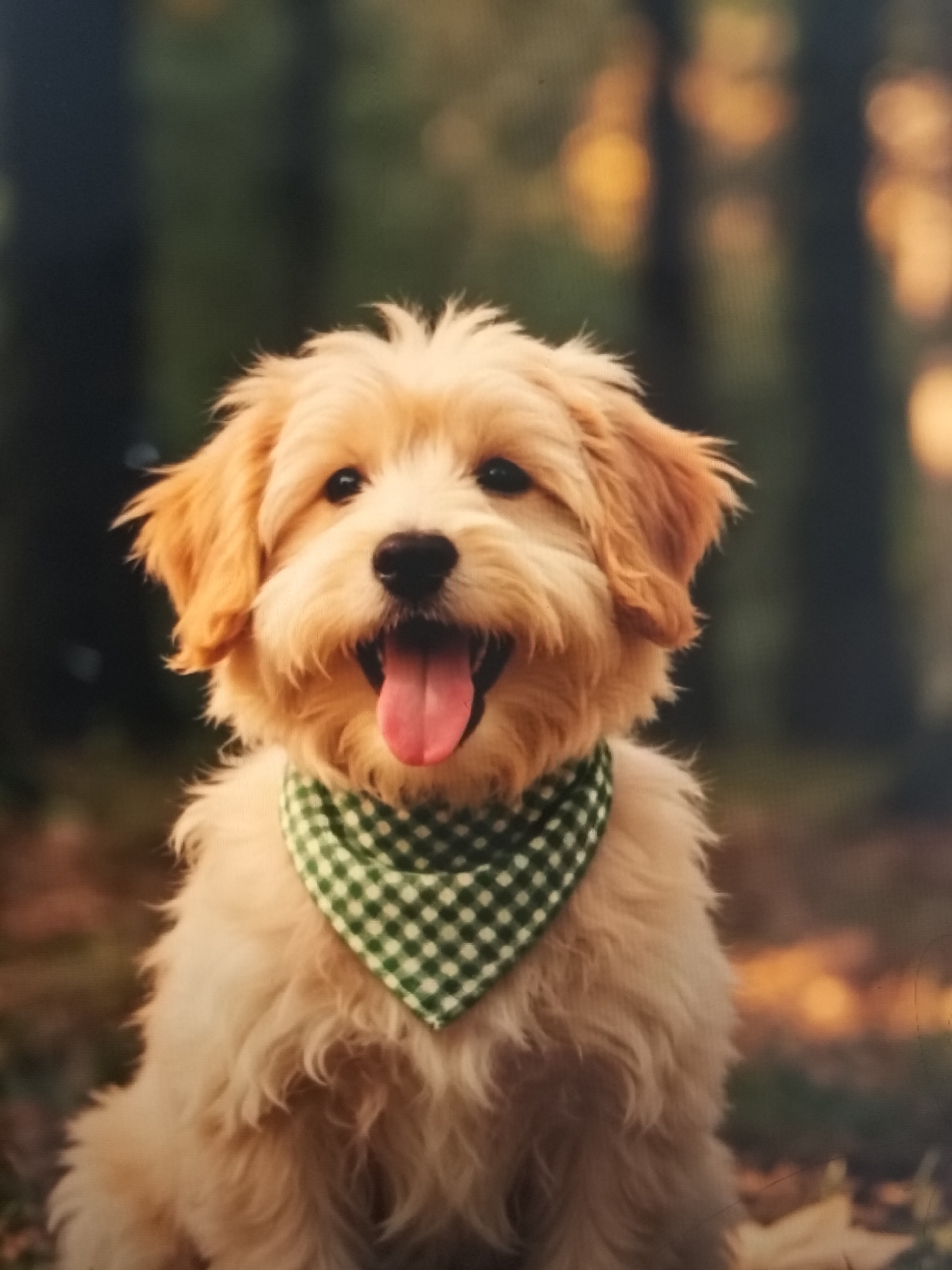 A medium shot shows a fluffy, light-brown puppy wearing a green and white checkered bandana around its neck. The puppy is sitting outdoors in a wooded area, with blurred trees and warm, out-of-focus lights in the background. The puppy's mouth is open, with its pink tongue hanging out, and it appears to be panting or smiling. The lighting suggests it might be late afternoon or early evening. There is no indication of the location being the city of Payagaboh, Indonesia, as the background elements are not distinctive of any specific city or region.