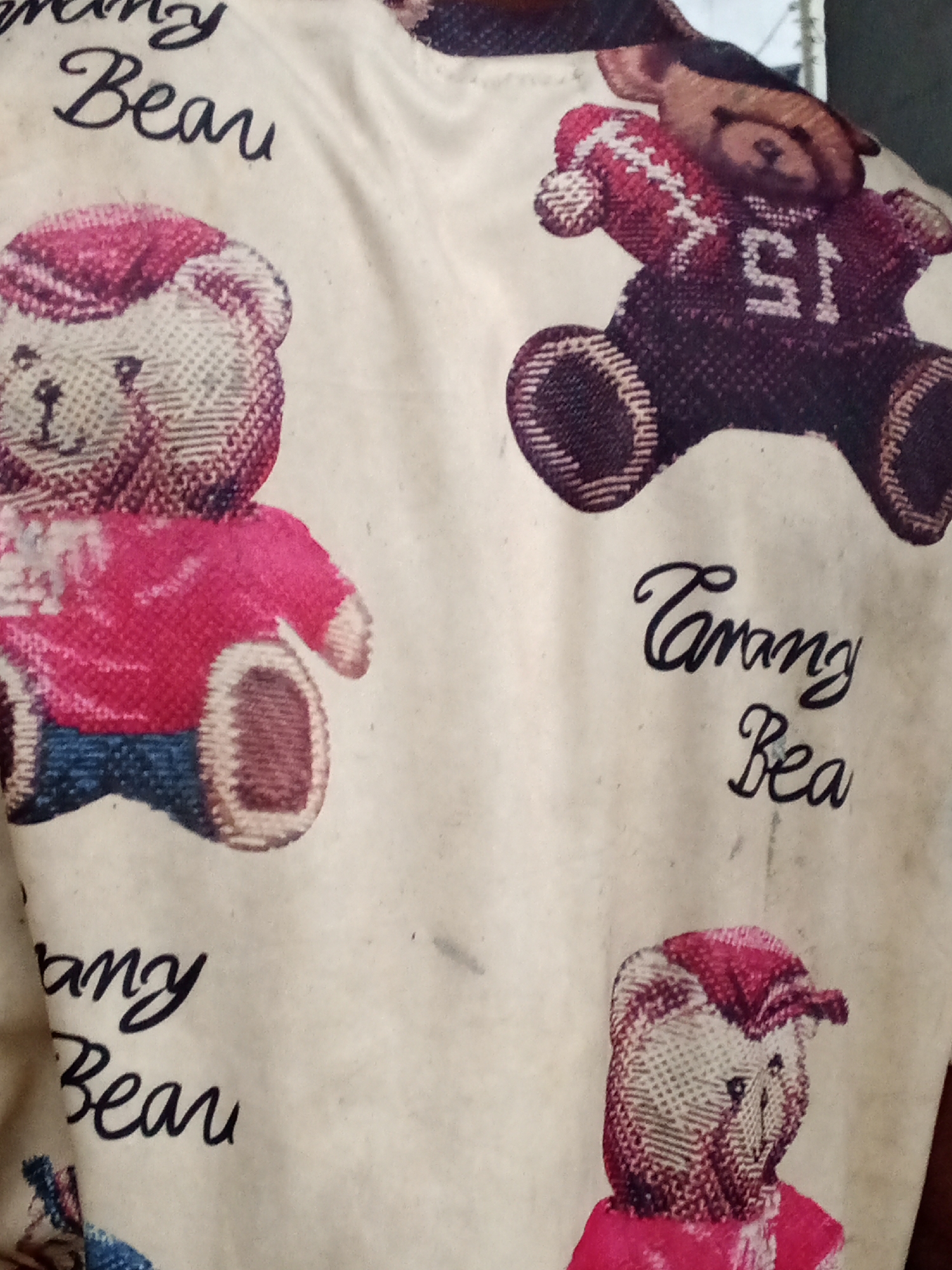 The image displays a close-up, overhead shot of a light-colored fabric featuring a repeating pattern of teddy bears. The bears are depicted in a pixelated, woven style, primarily in shades of brown, pink, and white. Some bears wear pink sweaters and blue jeans, while another wears a dark red and white sweater with the number "51" on it. Below some of the bears are handwritten-style inscriptions in dark blue ink. One inscription clearly reads "Tammy Bear," and another partial inscription reads "any Bear." The fabric appears to be slightly creased and has some faint, dark smudges or stains scattered across it. The overall impression is of a child's clothing or bedding. Without further context, it is impossible to determine the specific location within Ado, Nigeria, where this image was taken.