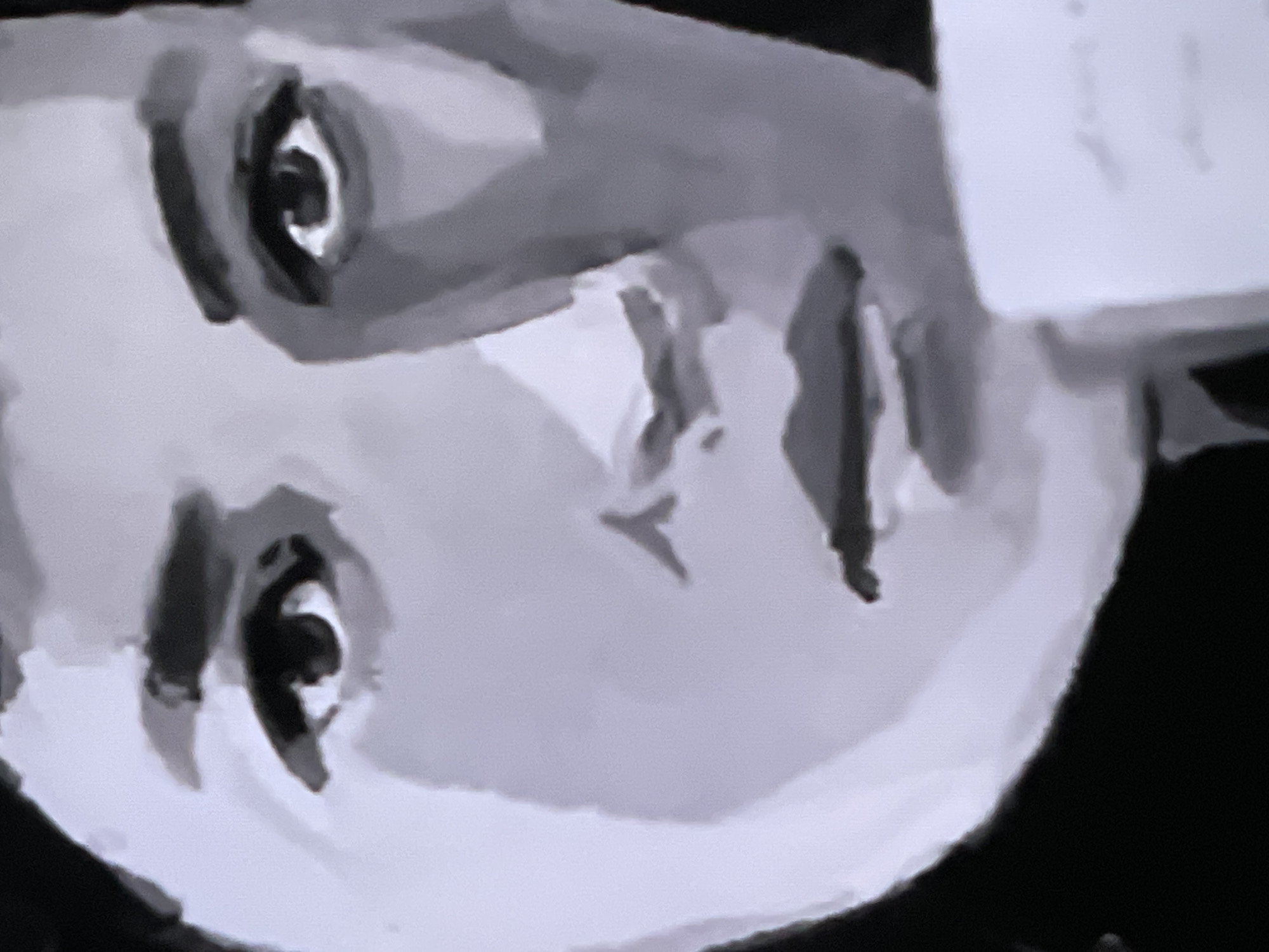 The image is a grayscale, close-up portrait of a person's face, rendered in a stylized, almost painterly manner with broad strokes and simplified features. The face is oriented vertically within the frame, appearing to look upwards or to the side.
The most prominent features are the two large, dark eyes, which are wide open and have distinct pupils or irises. Darker shading around the eyes suggests eyelids or shadows. The nose is indicated by abstract dark lines and shapes on the otherwise light gray skin tone. The lower part of the face, including the mouth and chin, is not clearly depicted. A dark area along the upper left edge of the face could represent hair or a head covering.
In the upper right quadrant of the image, a light-colored, rectangular object partially obscures the top of the head. Faint, illegible text or markings are visible on its surface. The background is largely a uniform light gray, with some darker areas along the edges.
The image captures a static portrait with no specific activity taking place. The expression appears neutral or contemplative. No specific location cues, time of day, or weather conditions can be discerned from the image. While the location context is given as Moscow, Russia, there are no visual elements within the image to confirm this. The cropped hints further emphasize the texture and abstract detailing of the eyes, nose, and the object with text.