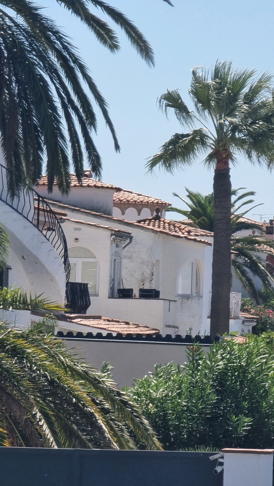 This image depicts a view of a white building with red tiled roofs, characteristic of Mediterranean architecture. The building features several windows, some arched, and a curved balcony with ornate black railing. Palm trees and dense green foliage frame the building, suggesting a warm, sunny climate, possibly coastal. The scene is likely situated in Castelló d'Empúries, Spain, a town known for its historical architecture and proximity to the Mediterranean coast. There are no people visible in the image. The overall impression is one of a peaceful, sun-drenched day in a picturesque location.