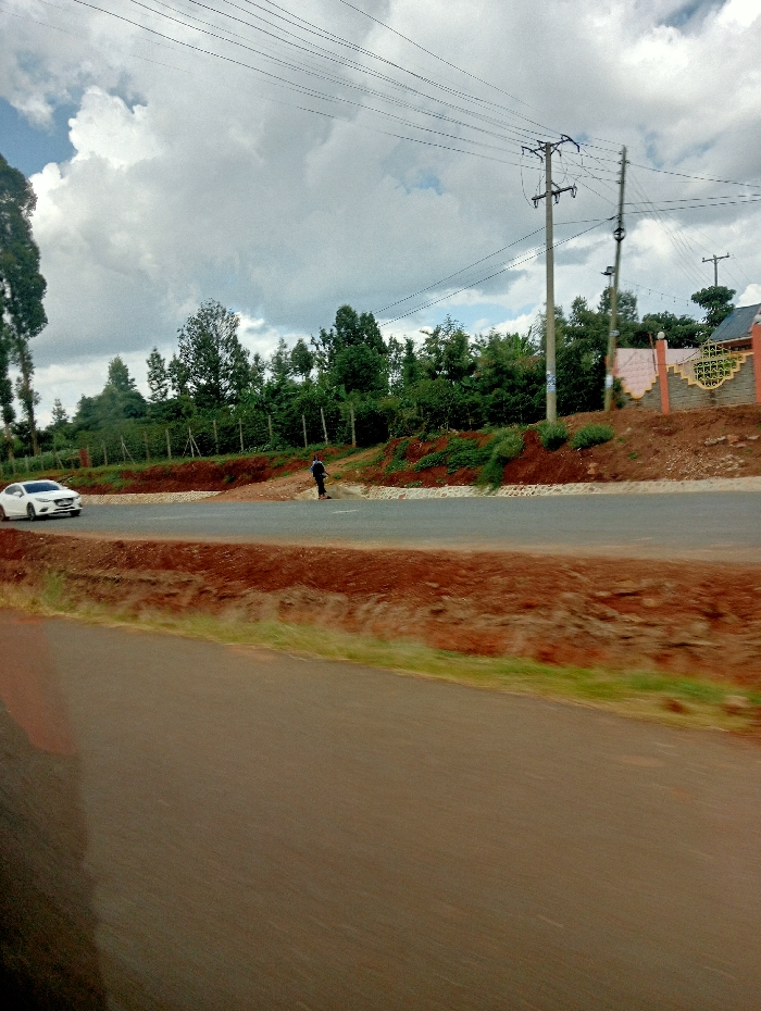 A gray road stretches across the frame, bordered by reddish-brown soil and sparse green vegetation. A white car travels along the road, and a person walks on the edge. Tall trees and green shrubbery fill the background. In the upper portion, power lines crisscross beneath a cloudy sky. A decorated wall can be seen near the trees.