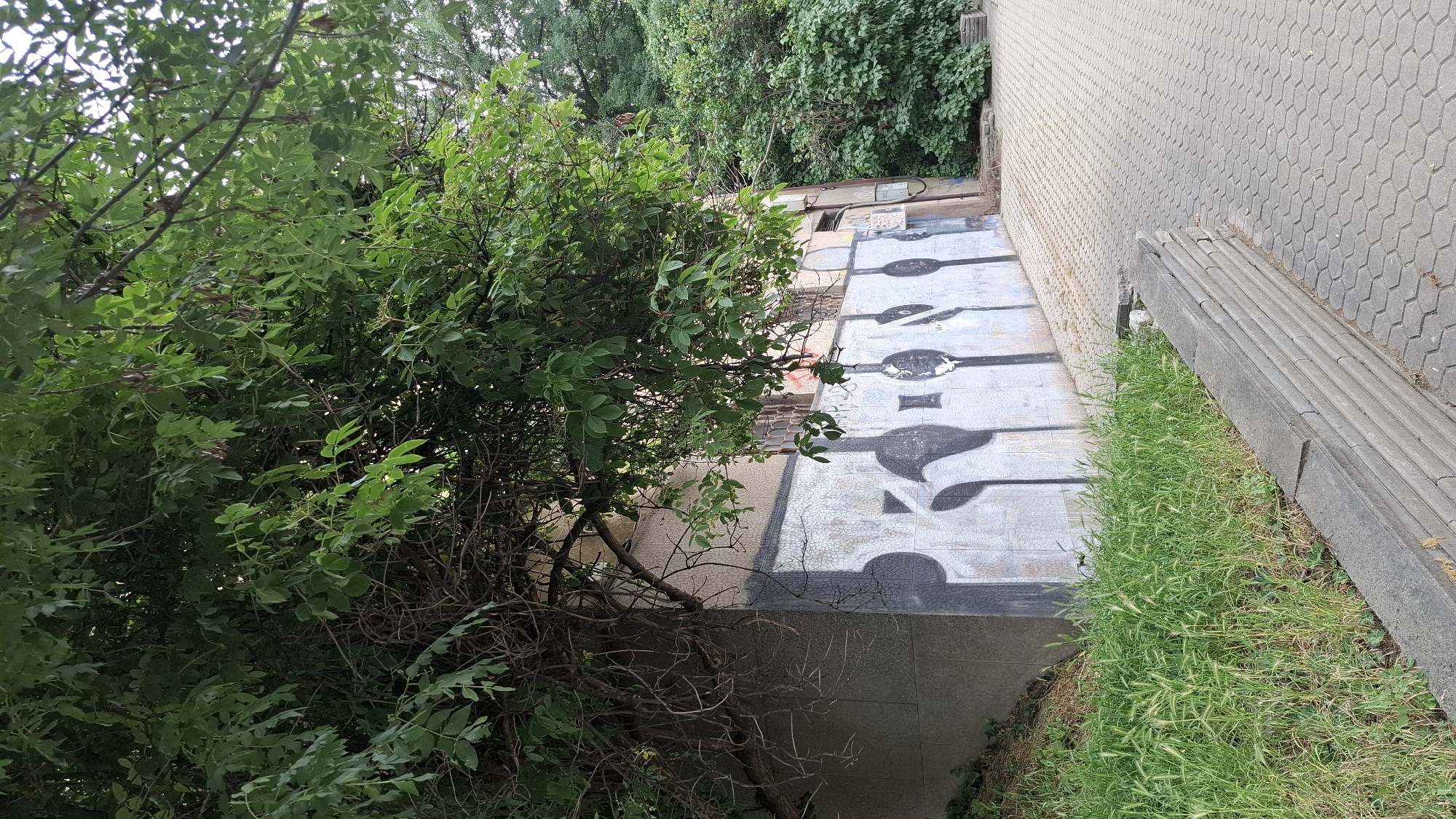 The image depicts an outdoor scene with a building facade covered in graffiti, bordered by vegetation and a paved walkway. The building wall features large, stylized black and white graffiti tags with a textured, possibly mosaic or tiled background. Overhanging branches of a leafy tree obscure a portion of the building and the graffiti. To the left of the building, there is a grassy slope. In front of the wall, a strip of green grass and weeds grows, separated from a hexagonal-patterned paved walkway by a low, stacked concrete retaining wall. The walkway extends into the distance to the right. The scene appears to be in an urban environment, likely in Sofia, Bulgaria, given the context of the request. No people are visible in the image.