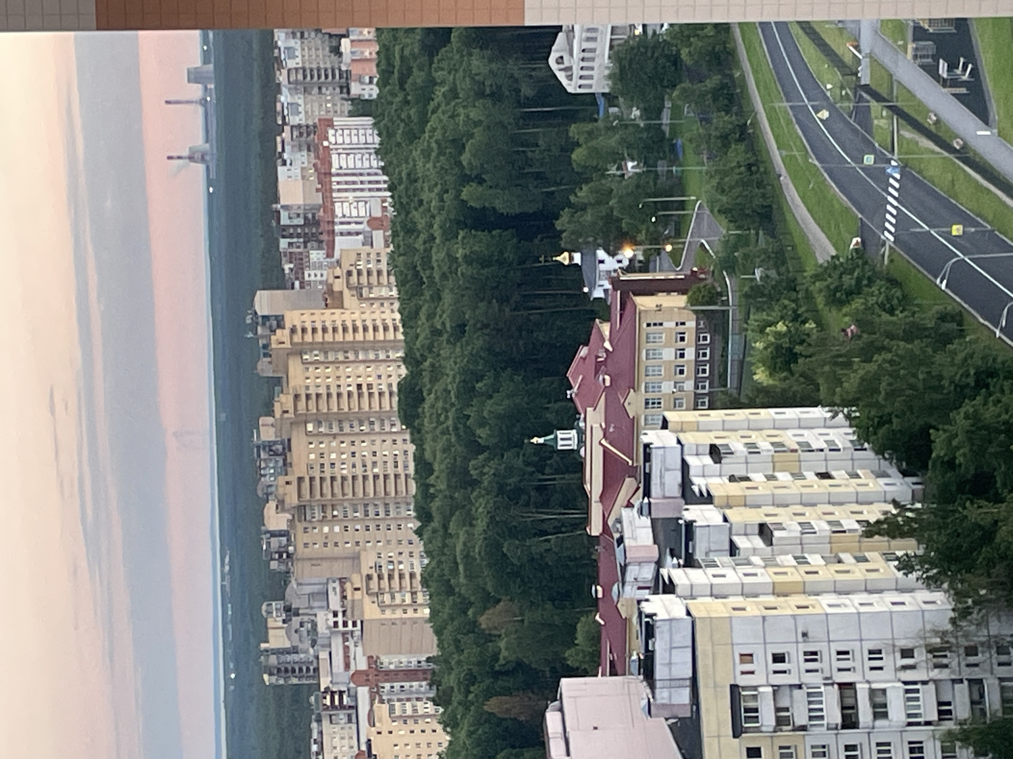 This image presents an elevated, panoramic view of a city, a vast forest, and distant industrial structures under a twilight sky. The sky displays soft gradients of pink, orange, and light blue with scattered clouds, suggesting either sunrise or sunset. On the distant horizon, a large body of water or flat plain is discernible, above which two tall, slender industrial chimneys, one emitting a faint plume, and a larger, cylindrical structure indicative of a power plant are visible.
A significant, dense block of dark green forest occupies the mid-ground, separating the more immediate urban development from a further expanse of high-density residential buildings, which appear as a mass of light-colored (beige, grey) multi-story apartment blocks extending towards the horizon beyond the forest.
In the foreground and immediate mid-ground, several multi-story residential buildings dominate the urban landscape. These buildings feature light yellow and white facades, visible balconies, and numerous windows. A partially visible, low-rise building with a pale pink facade is in the lower left. Amidst the trees and residential structures, two prominent religious buildings are visible: one features a red roof, a golden dome, and a cross, while a smaller, white building nearby also has a golden dome and cross. These are consistent with Orthodox Christian churches or chapels. A low-rise building with a yellow facade and red roof is situated adjacent to the primary church.
A paved, dark grey road with white lane markings and a pedestrian crossing curves through the lower right of the image, flanked by streetlights, sidewalks, and grassy verges. Extensive trees and green spaces are interspersed between the buildings and alongside the roads. No identifiable people or specific actions are discernible. The architectural style of the residential blocks and the presence of Orthodox churches are characteristic of urban environments in Unknown, Russia.