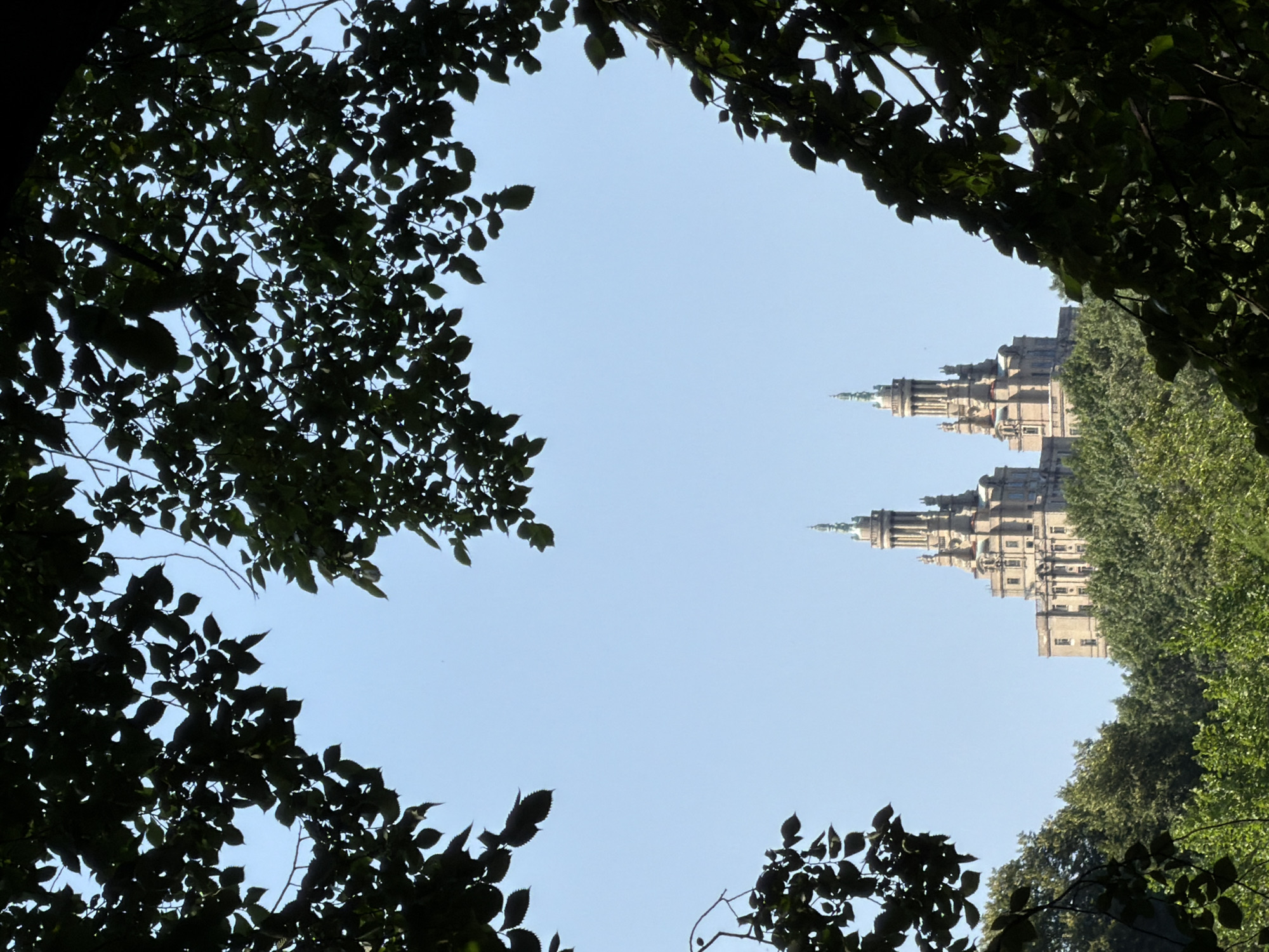 The photograph captures a view of the Beresford apartment building, a prominent residential building located at 211 Central Park West in the Upper West Side neighborhood of Manhattan, New York City. The building is framed by the dark silhouettes of tree branches and leaves in the foreground, creating a natural border around the composition. The sky is a clear, pale blue, indicating fair weather. The Beresford building, with its distinctive twin-domed towers and ornate architectural details, rises above a dense canopy of green trees, suggesting a park setting, likely Central Park. The image is taken from a distance, with the building appearing as a significant but not overwhelming element against the sky. No people are visible in the frame. The lighting suggests it is daytime, with the sun illuminating the building and the trees.