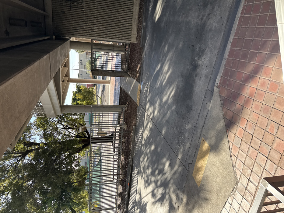 The image depicts an outdoor public area in Hialeah, United States of America, situated directly beneath a concrete elevated structure. The foreground features reddish-brown square brick pavers, which transition to a grey concrete and asphalt pavement. A rectangular yellow tactile paving strip is embedded within the concrete. Multiple, elongated shadows from trees and the elevated structure are cast across the ground, indicating strong overhead sunlight.
To the left, a grey metal bar fence separates the walkway from a green space. This fenced area contains a large deciduous tree, a palm tree, and at least two visible metal benches. A pole with a circular fixture is also present behind the fence. An opening in the fence, resembling a partially open gate, provides access to the green space.
The elevated structure is constructed from concrete beams and support pillars. A section of this structure, featuring a metal railing, is visible on an upper level to the left. On the immediate right, a vertically ribbed concrete wall forms part of a large pillar supporting the elevated pathway. In the background, beyond the fenced area, additional trees, several low-rise buildings, and utility poles are discernible under a clear sky. There are no individuals present in the scene.